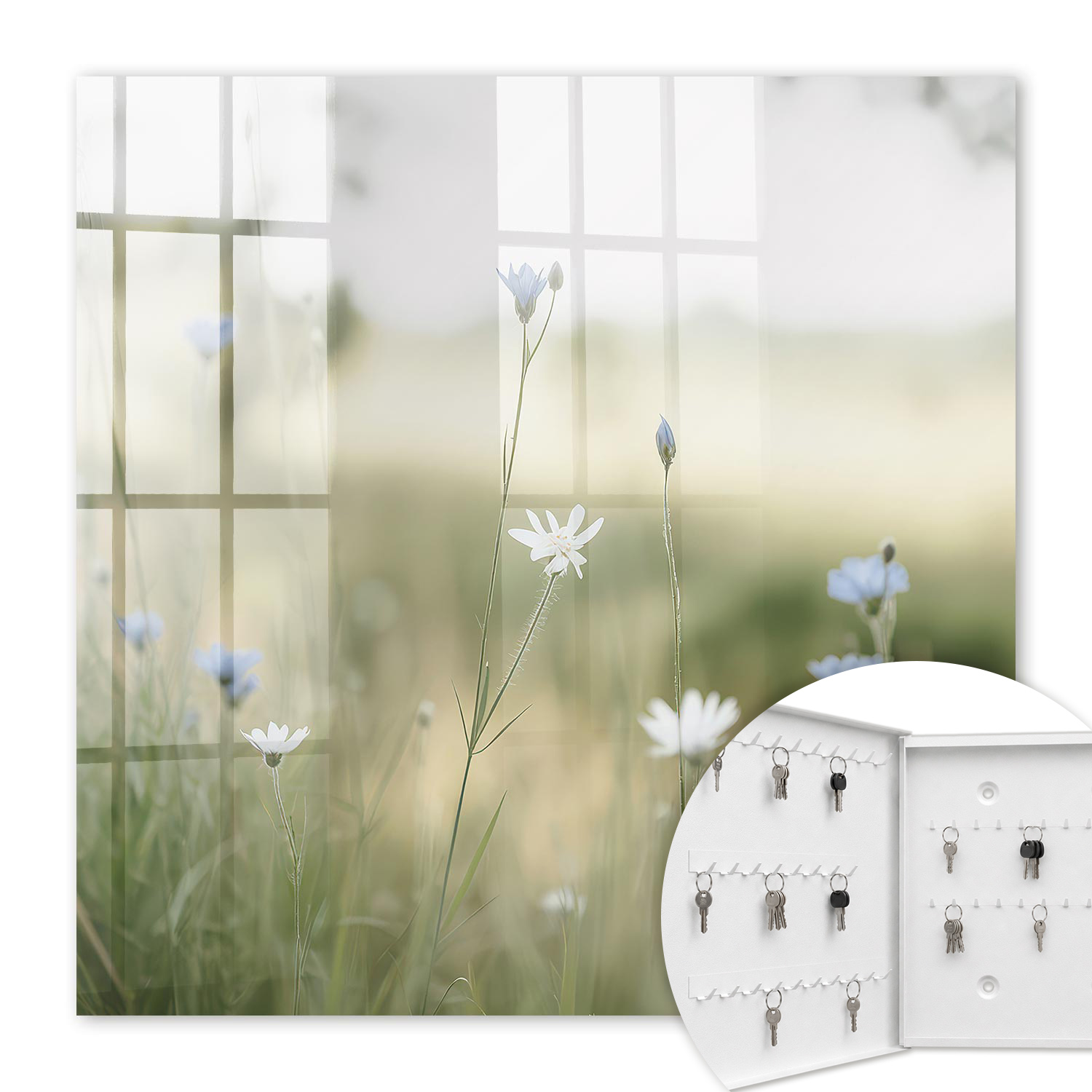 Armoire À Clés - (30 Cm X 30 Cm) - Boîte À Clés Murale - Coffret De Rangement Pour Clés - Couleur Blanche - Ouverture Vers La Gauche - Pour Maison Et Bureau - Fleurs Délicates
