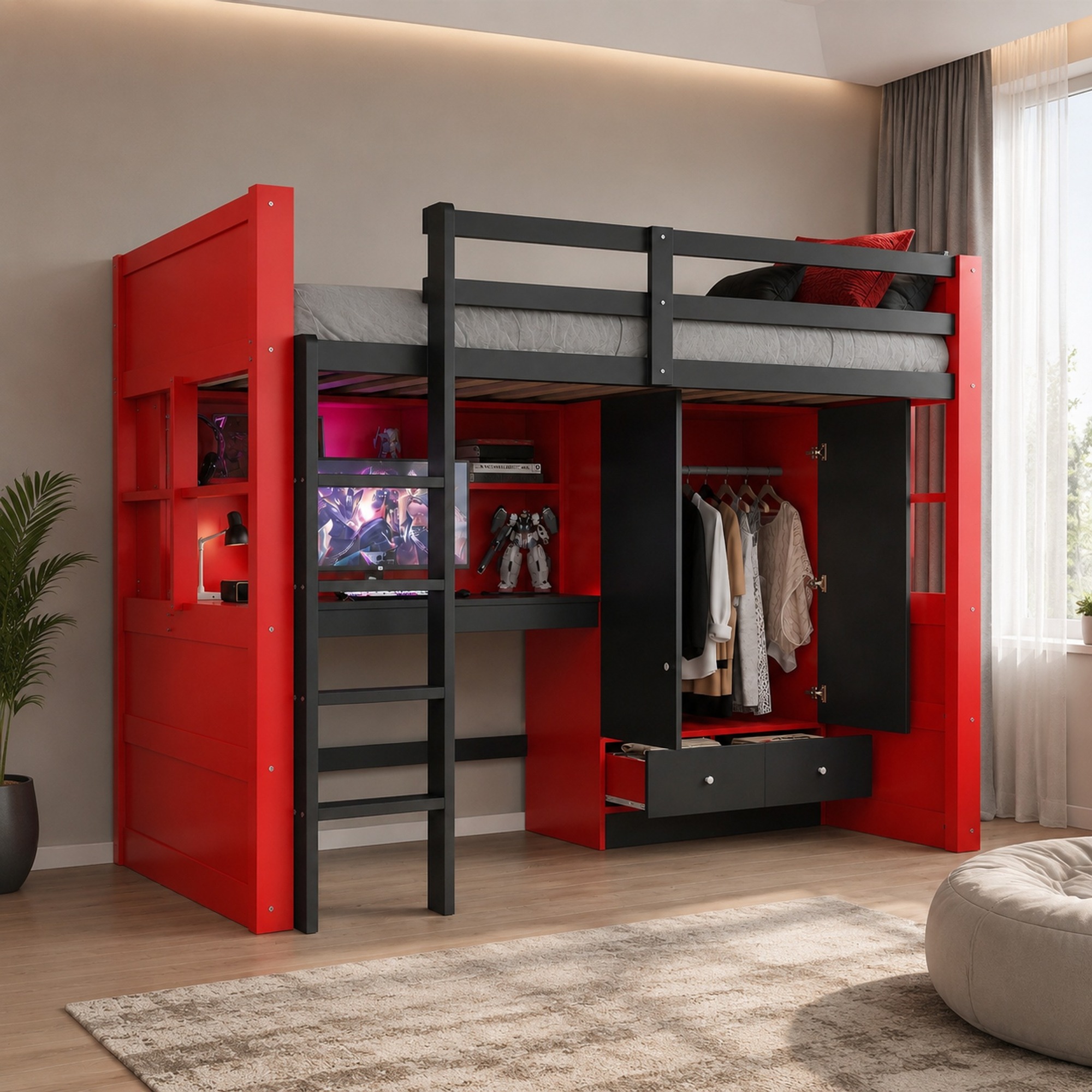 Lit Mezzanine 90 X 200 Cm Avec Bureau, Armoire, Tiroirs Et Échelle, Noir Et Rouge