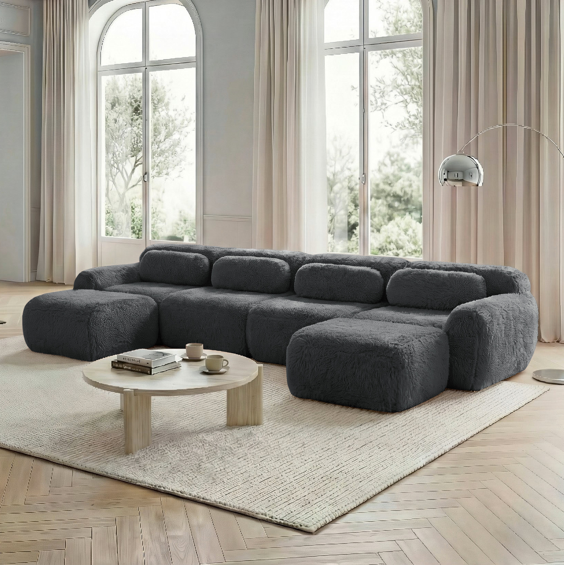 Redom - Canapé Modulaire En U, Tissu Peluche Gris, Sans Montage, Base Antidérapante, Avec Coussins