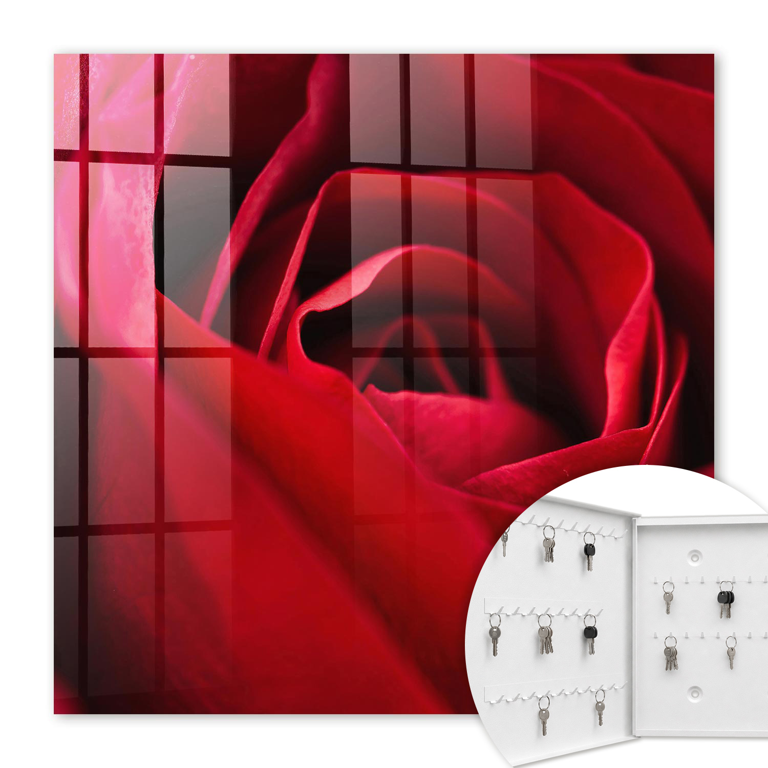 Armoire À Clés - (30 Cm X 30 Cm) - Boîte À Clés Murale - Coffret De Rangement Pour Clés - Couleur Blanche - Ouverture Vers La Gauche - Pour Maison Et Bureau - Gros Plan Sur Une Rose