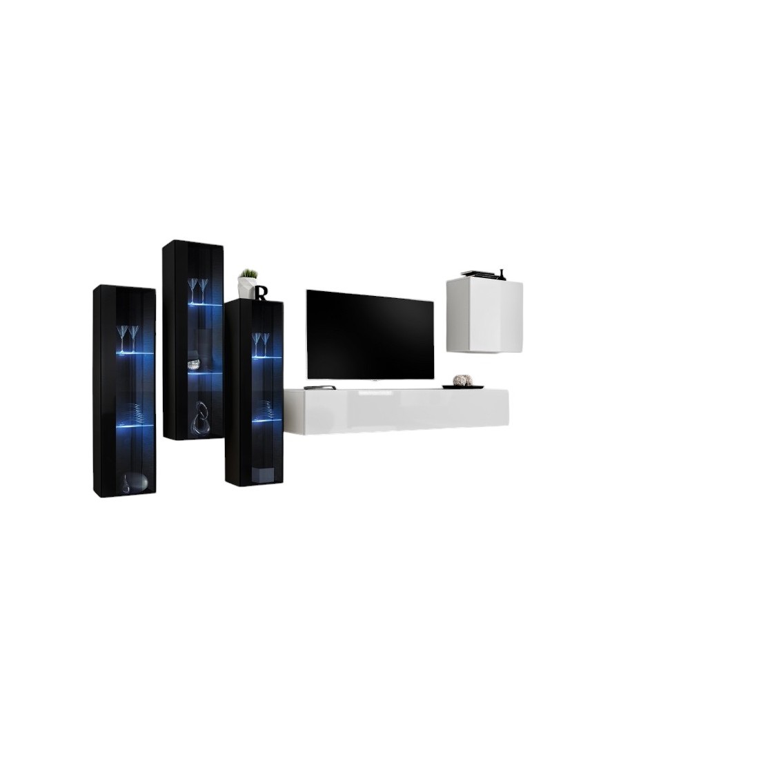 Meublorama - Ensemble Meuble Salon Mural Switch Xiii Design, Coloris Blanc Brillant Et Noir.