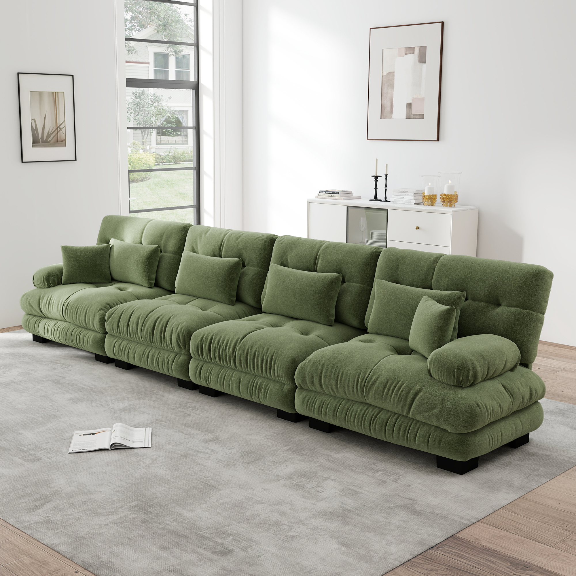 Redom Canapé 4 Places Modulaire D'Angle, Assise Profonde, Accoudoirs Rembourrés Arrondis, Chenille Vintage Verte