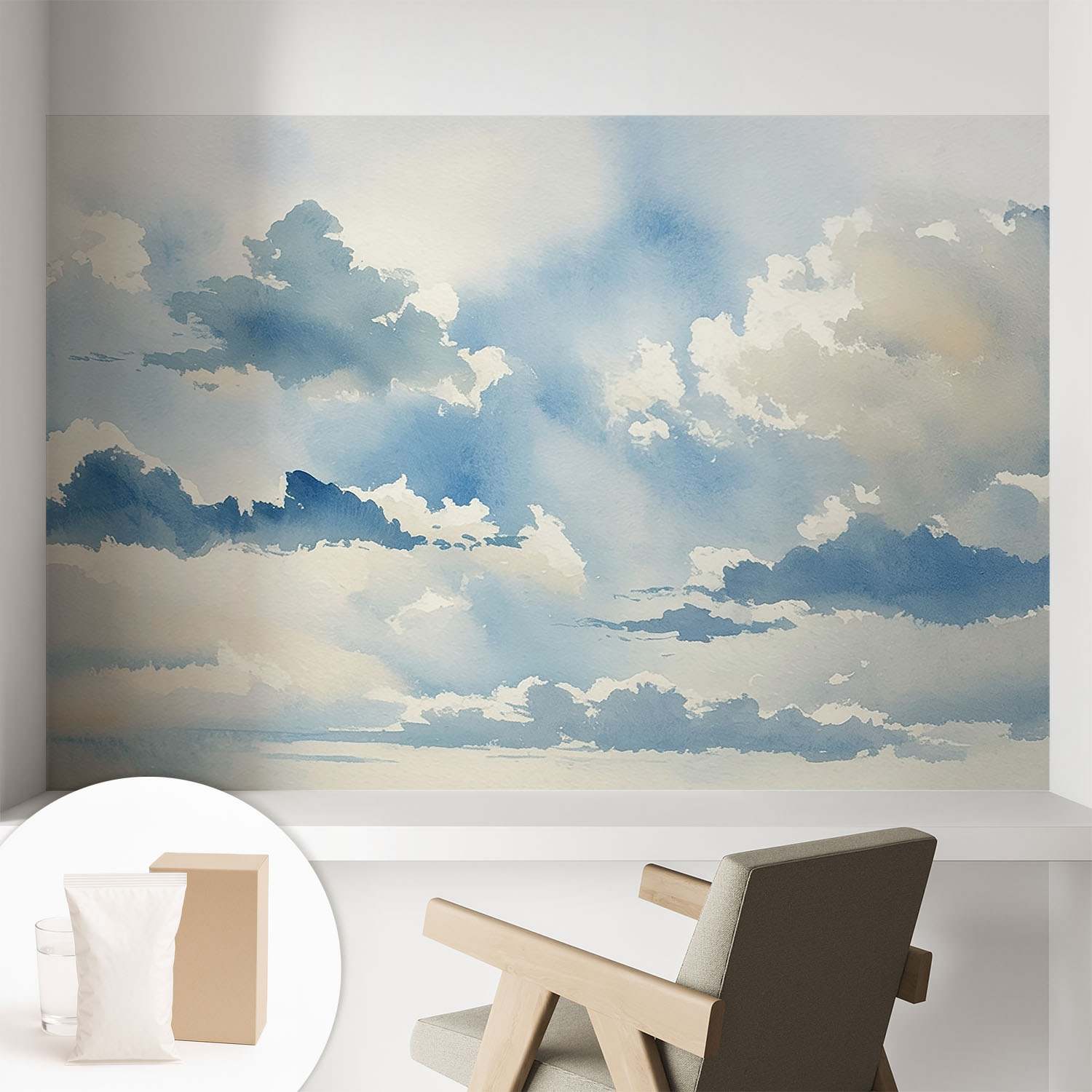Papier Peint Intissé Mural Classique Avec Imprimé Motifs Décoratifs Design Élégant Non‑tissé Nuages Célestes 104x70 Cm
