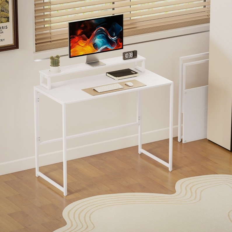 Bureau Pliable Avec Support D'Écran Amovible, 100 X 48 X 87,5 Cm, Bois Blanc, Redom