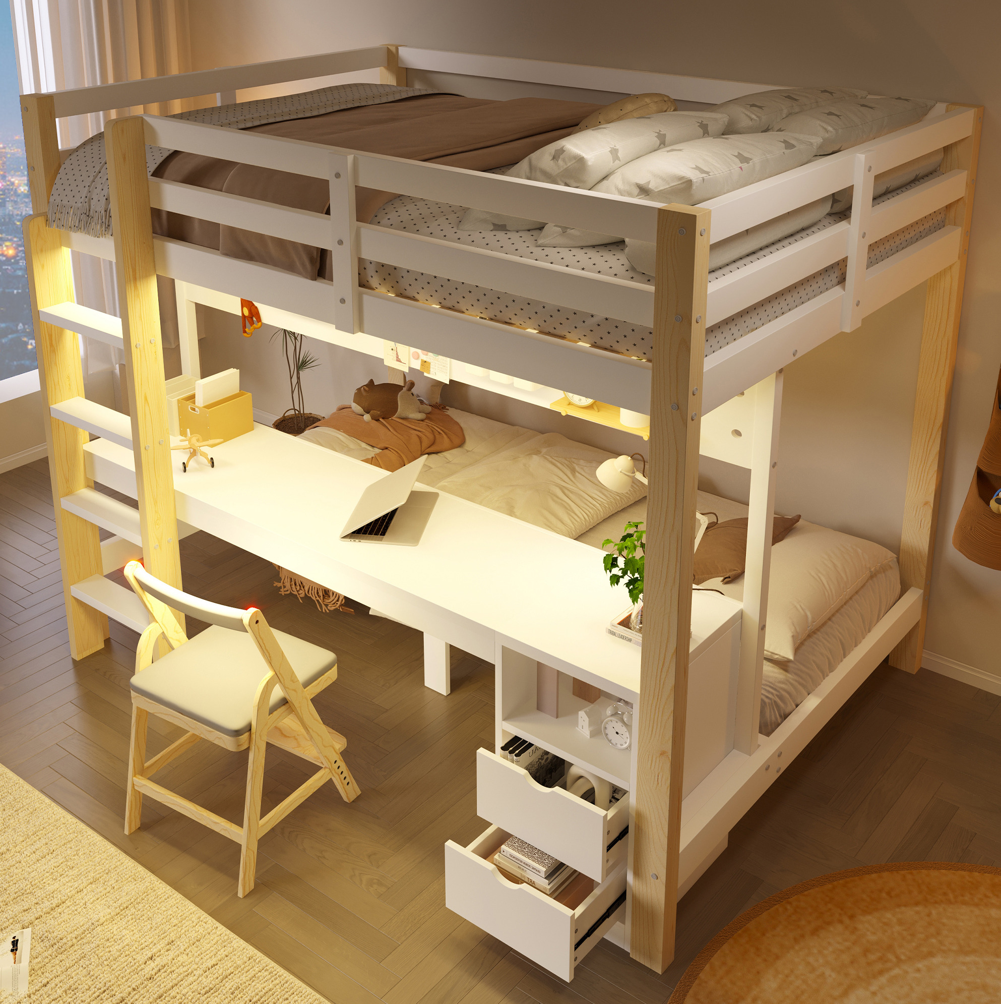 Lit Mezzanine Enfant 90x200 Cm Et 140x200 Cm En Pin Naturel Et Blanc, Bureau, Tiroirs, Led