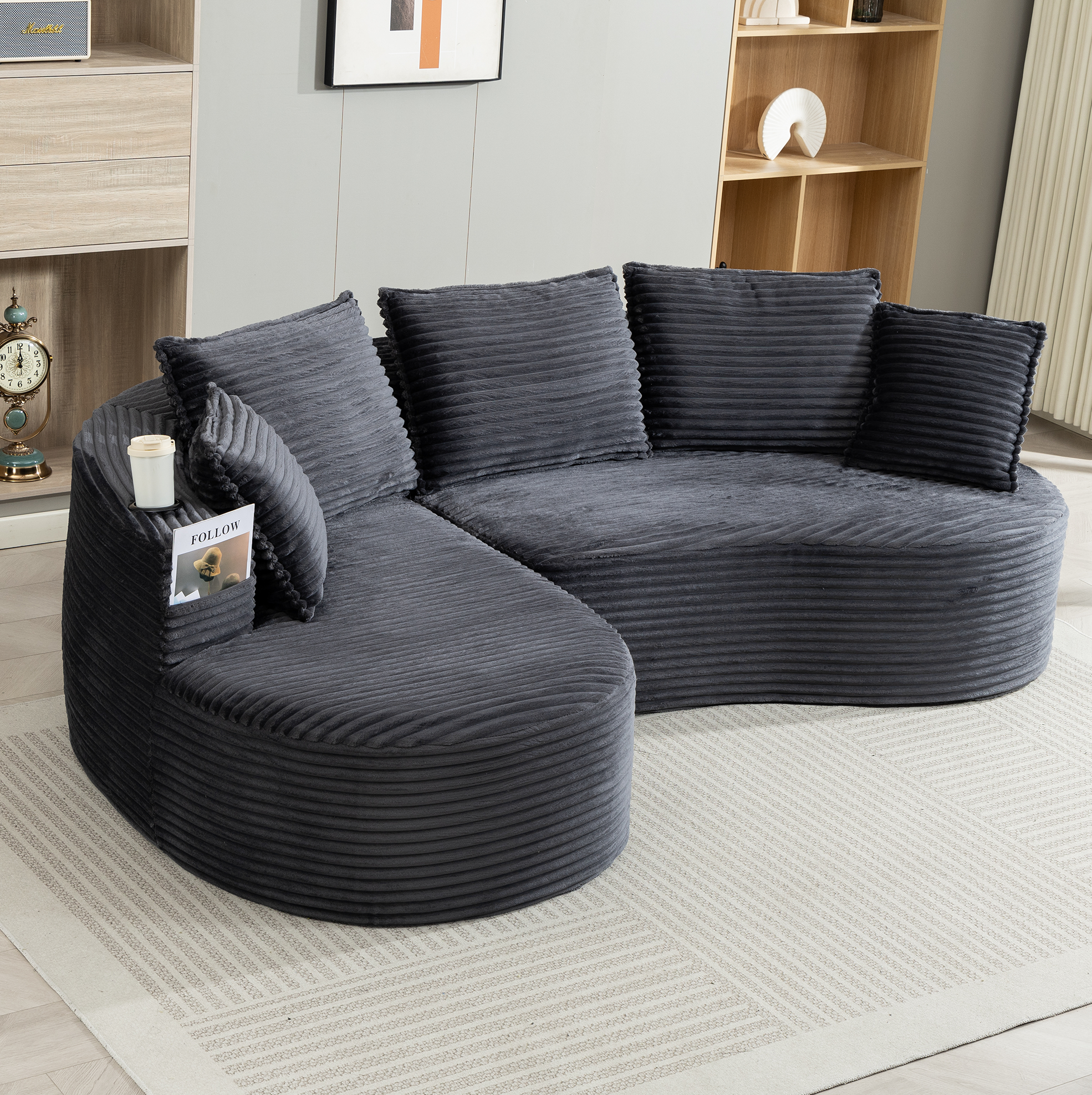 Canapé Courbé En Velours Côtelé Avec Porte-gobelets Et Poche Latérale 250x152x82 Cm Gris Foncé