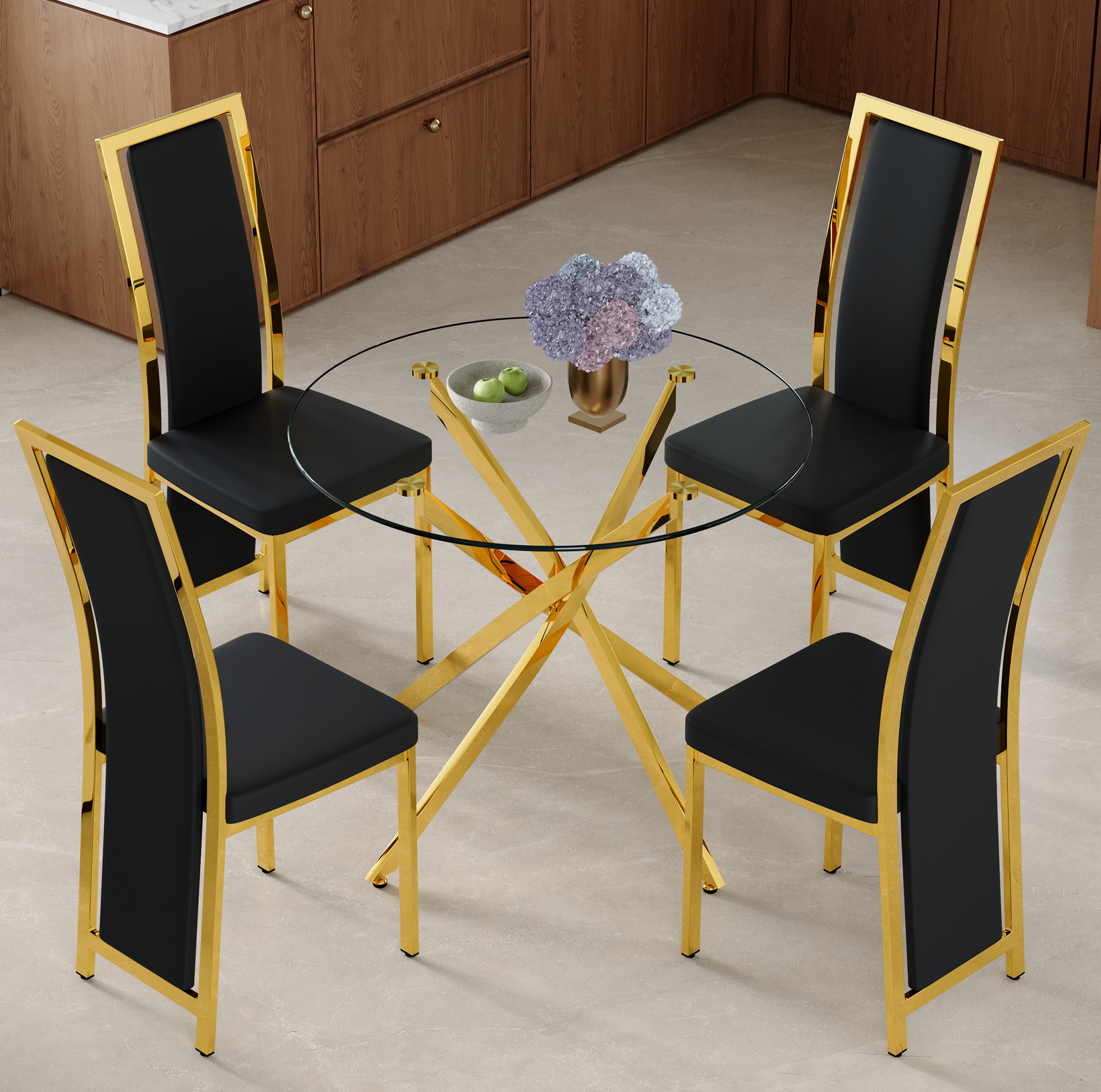 Ensemble Table À Manger Ronde 88 Cm En Verre Trempé Et 4 Chaises Pu Noires Et Dorées Redom