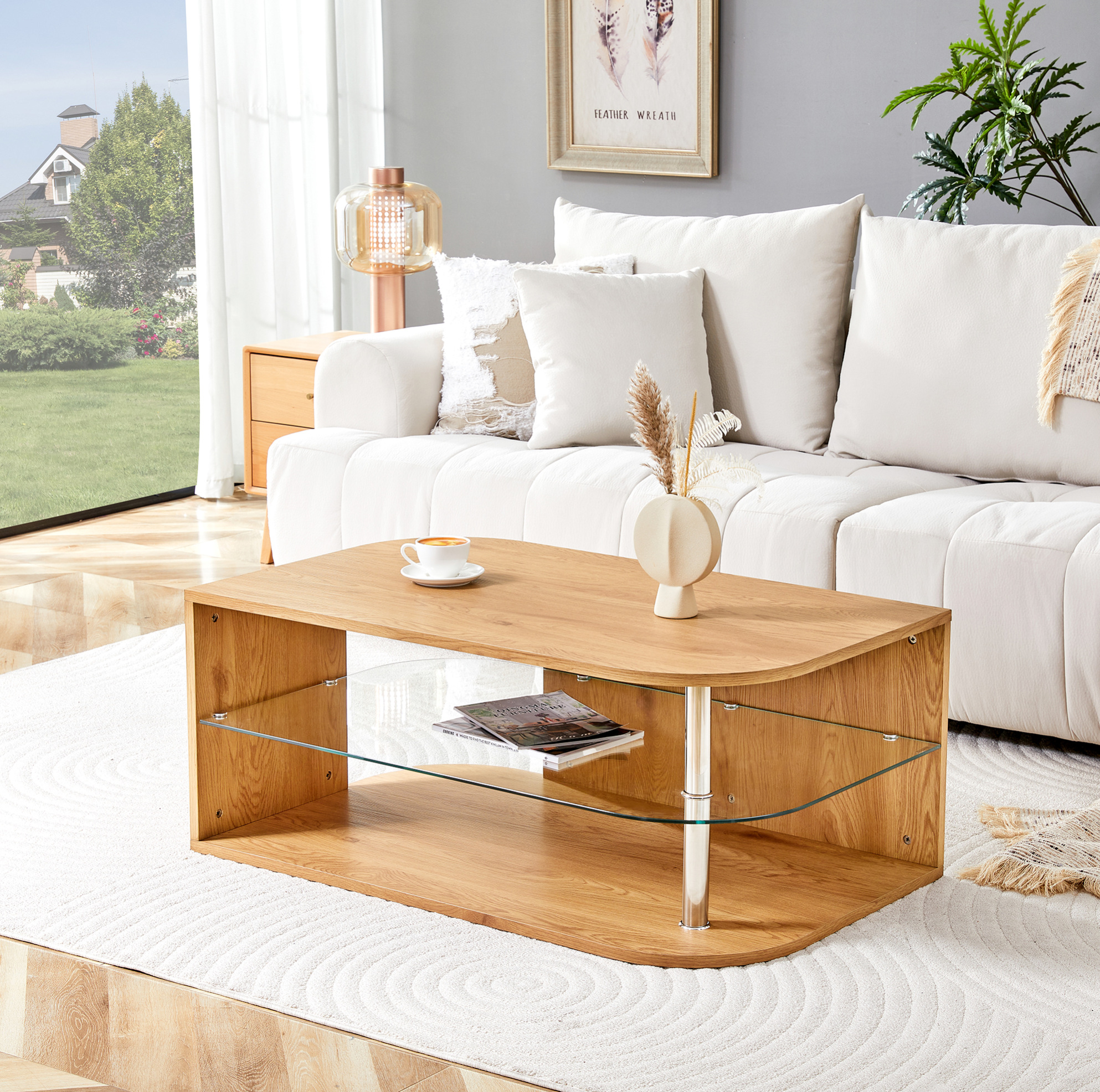 Table Basse Moderne Avec Rangement, Bois Naturel Et Plateau En Verre, 100 X 60 X 42 Cm