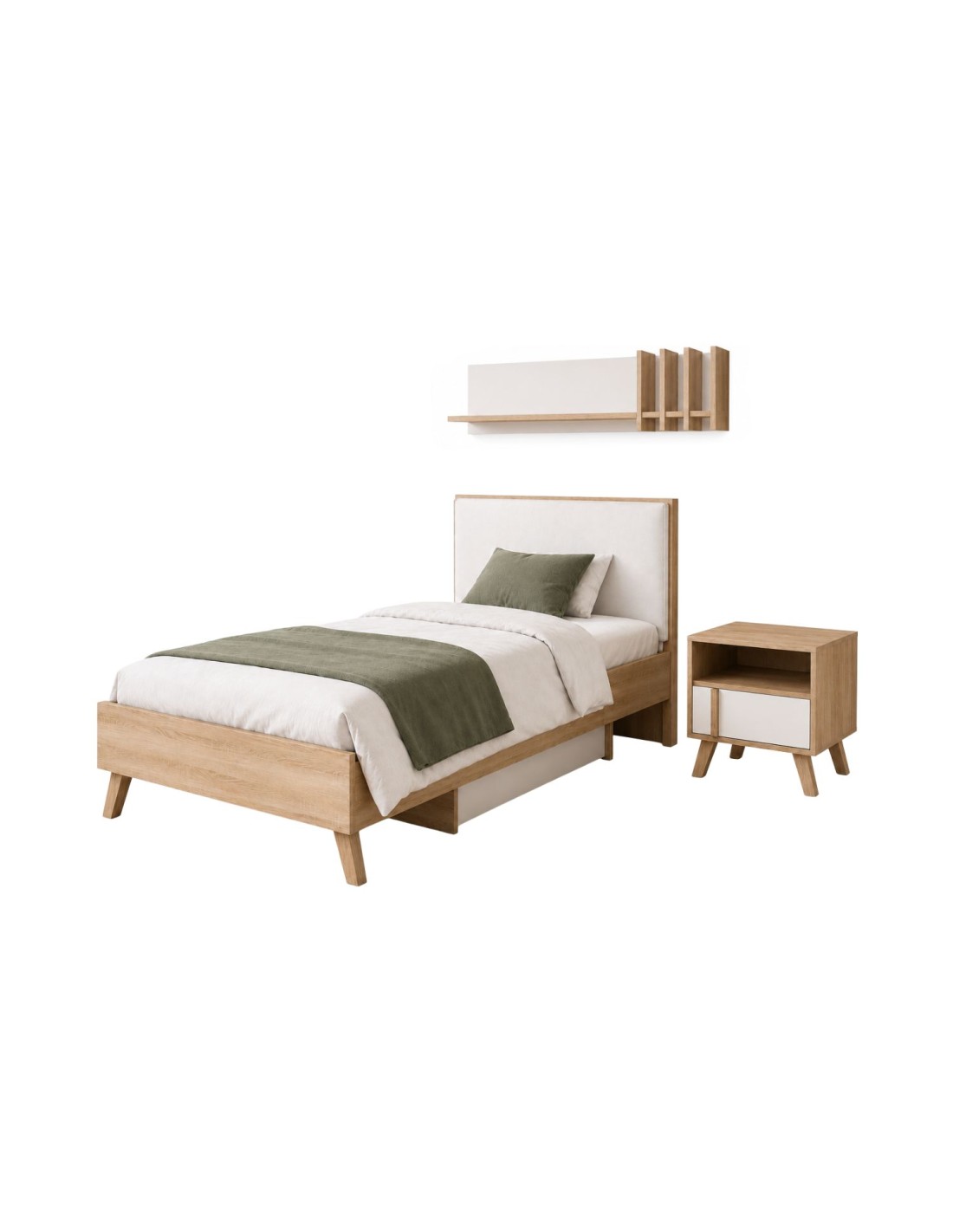 Ensemble Chambre Enfant Malmo Avec Lit 90x200, Chevet Et Étagère - Chêne Clair Et Blanc