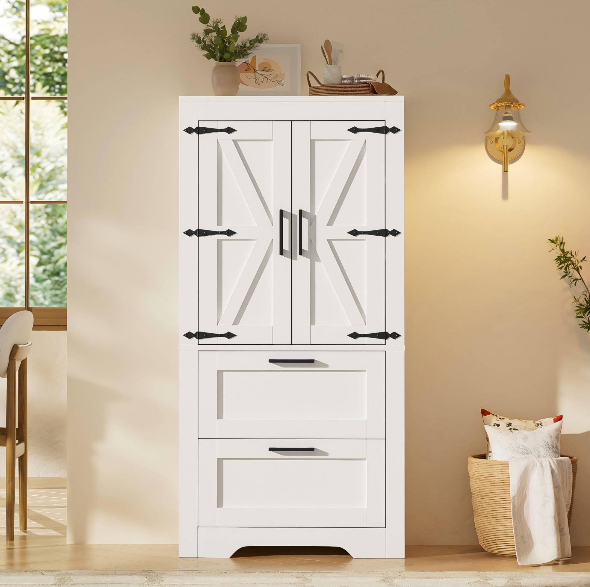 Buffet De Cuisine Style Maison De Campagne Avec 2 Tiroirs, Étagères Réglables, Blanc Redom
