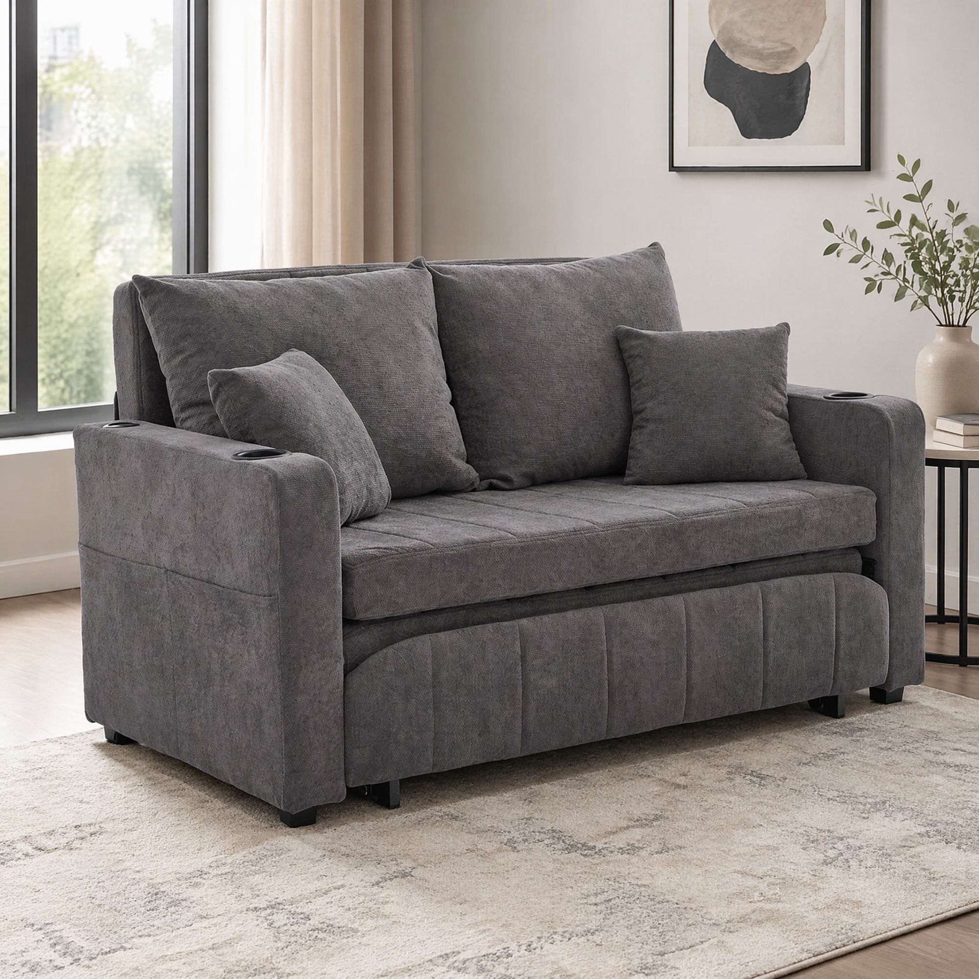 Canapé-lit Convertible Multifonctionnel En Chenille Gris, Poches, Usb Et Porte-gobelets