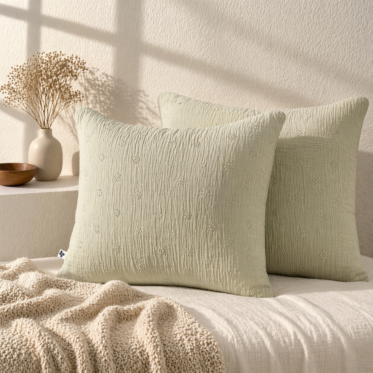 Lot De 2 Taies D'oreiller 60 X 60 Cm - Gaze De Coton Brodée - Gaïa Boho Vert D'Eau