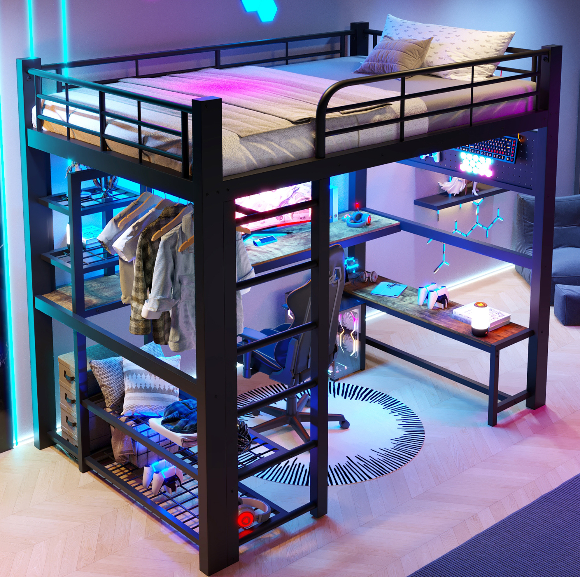 Lit Mezzanine 140x200 Cm En Métal Avec Bureau, Led, Étagères Et Barre, Noir