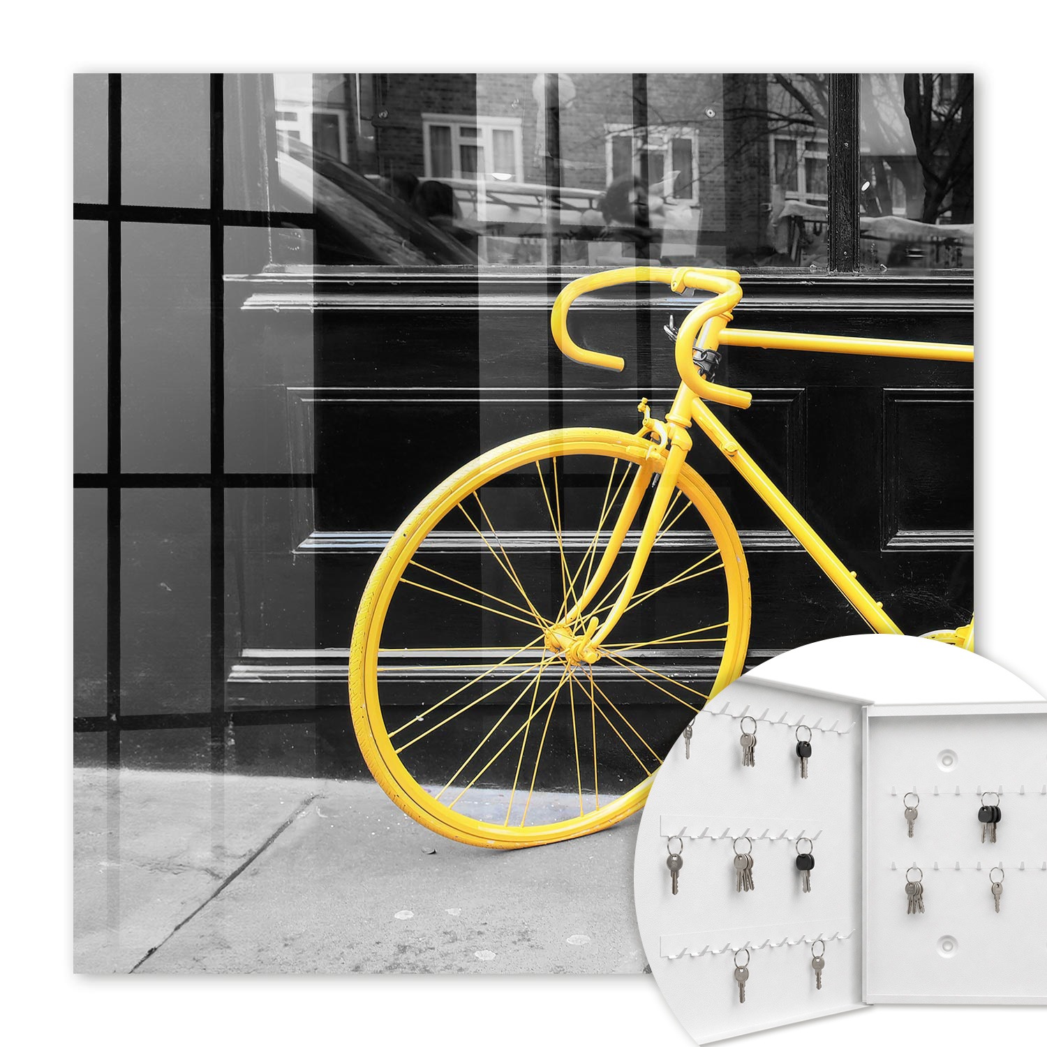 Armoire À Clés - (30 Cm X 30 Cm) - Boîte À Clés Murale - Coffret De Rangement Pour Clés - Couleur Blanche - Ouverture Vers La Gauche - Pour Maison Et Bureau - Vélo Jaune