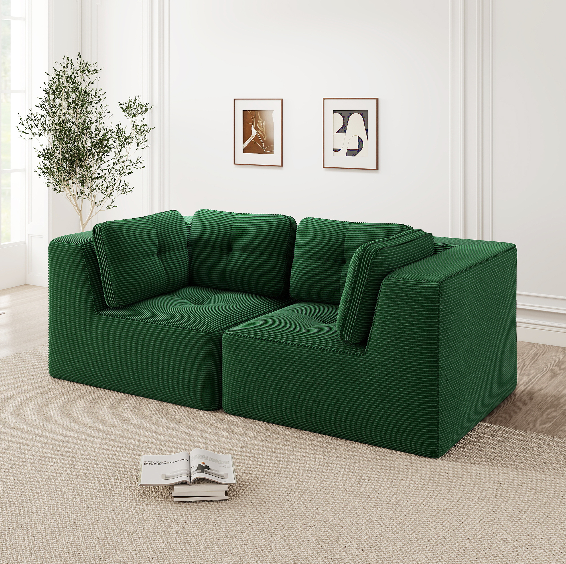 Redom - Canapé D'Angle Modulaire, Confort Enveloppant, Assise Profonde, Accoudoirs Larges, Tissu Côtelé Vert