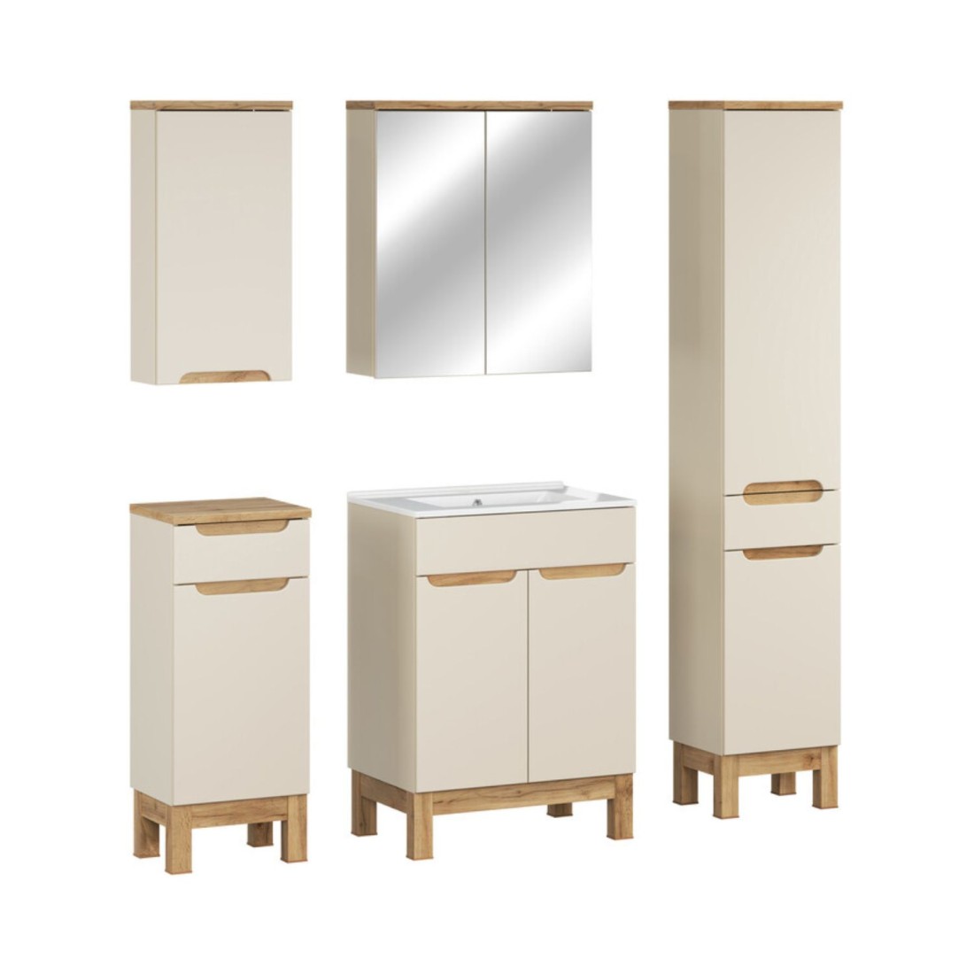 Ensemble Ermano Cachemire 130cm: Meuble Sous Vasque + Vasque Encastrée + Rangements Suspendus Et À Poser + Miroirs