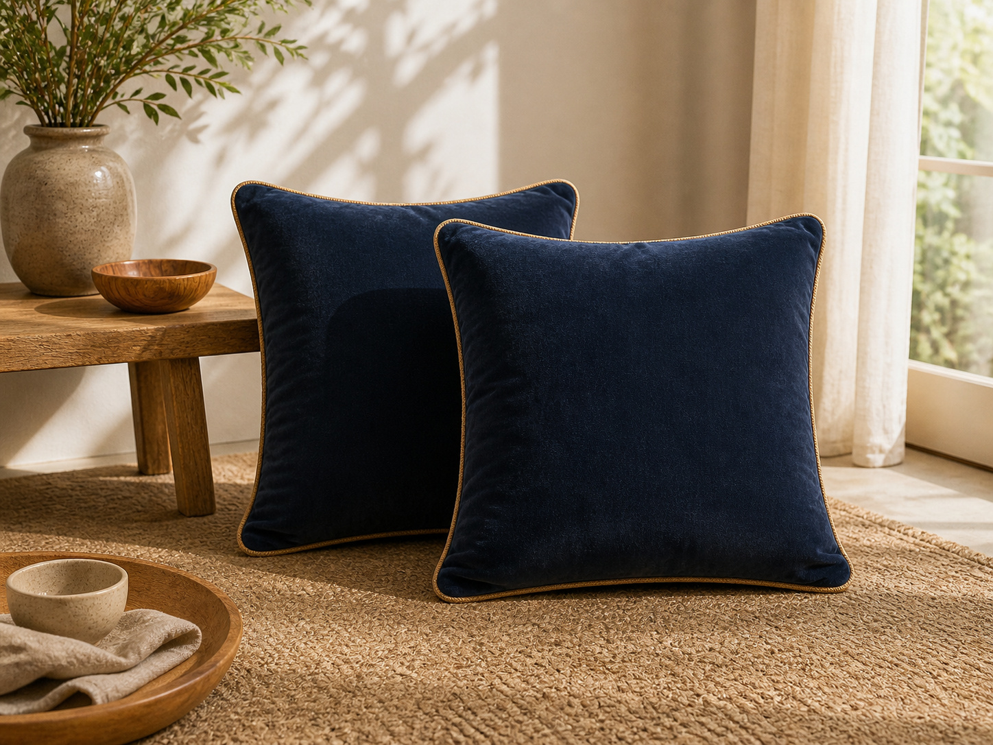 Lot De 2 Coussins Velours De Coton Minuit 45 X 45 Cm - Déhoussables Avec Zip - César