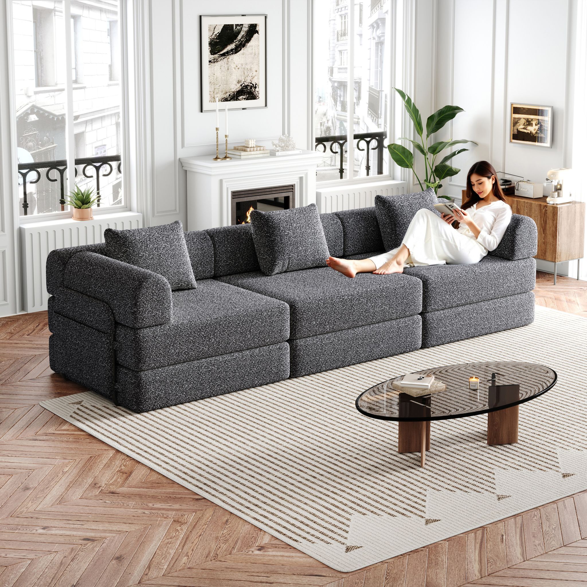 Redom Canapé Modulaire 3 Places 2 En 1, Rangement Dans L'Accoudoir, Support À Trois Cadres En Acier, Chenille Grise