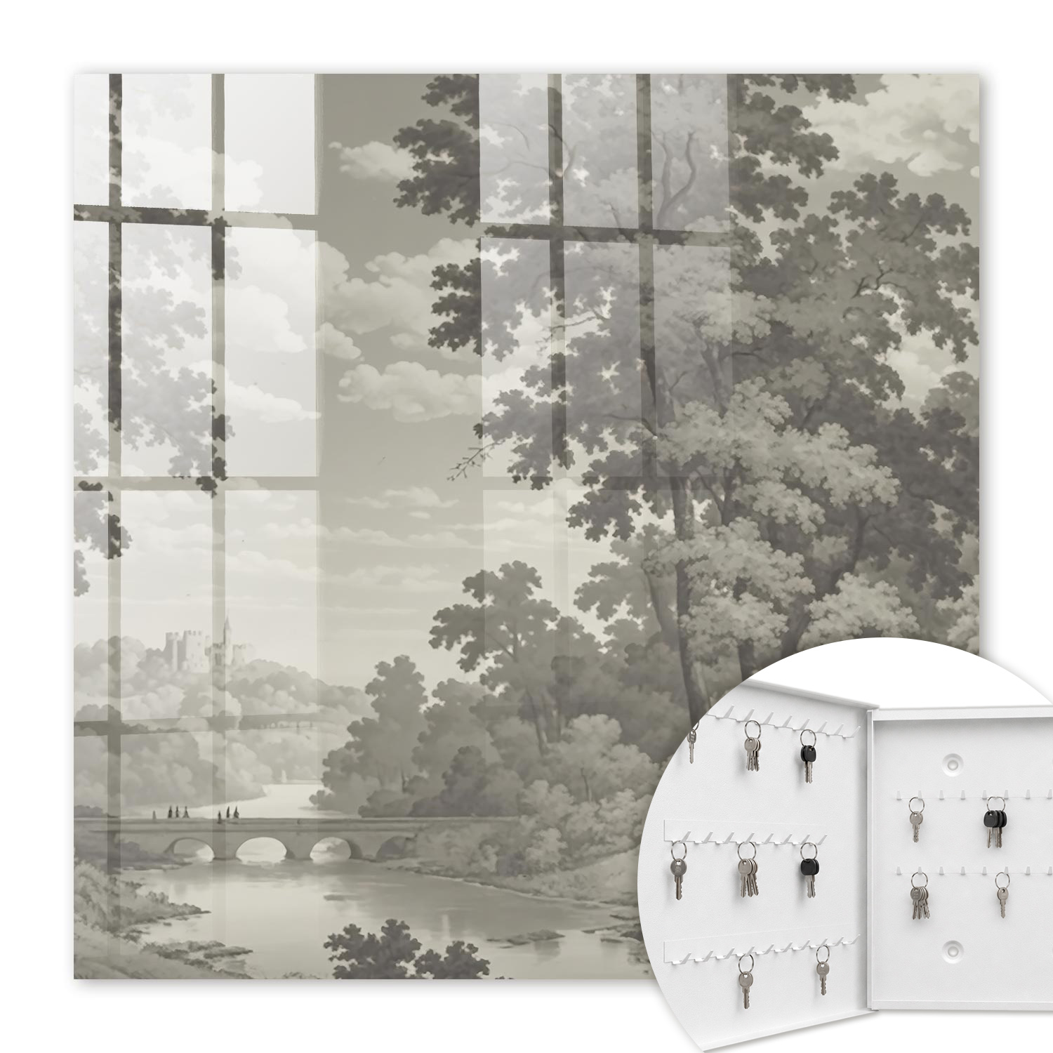 Armoire À Clés - (30 Cm X 30 Cm) - Boîte À Clés Murale - Coffret De Rangement Pour Clés - Couleur Blanche - Ouverture Vers La Gauche - Pour Maison Et Bureau - Un Paysage Paisible