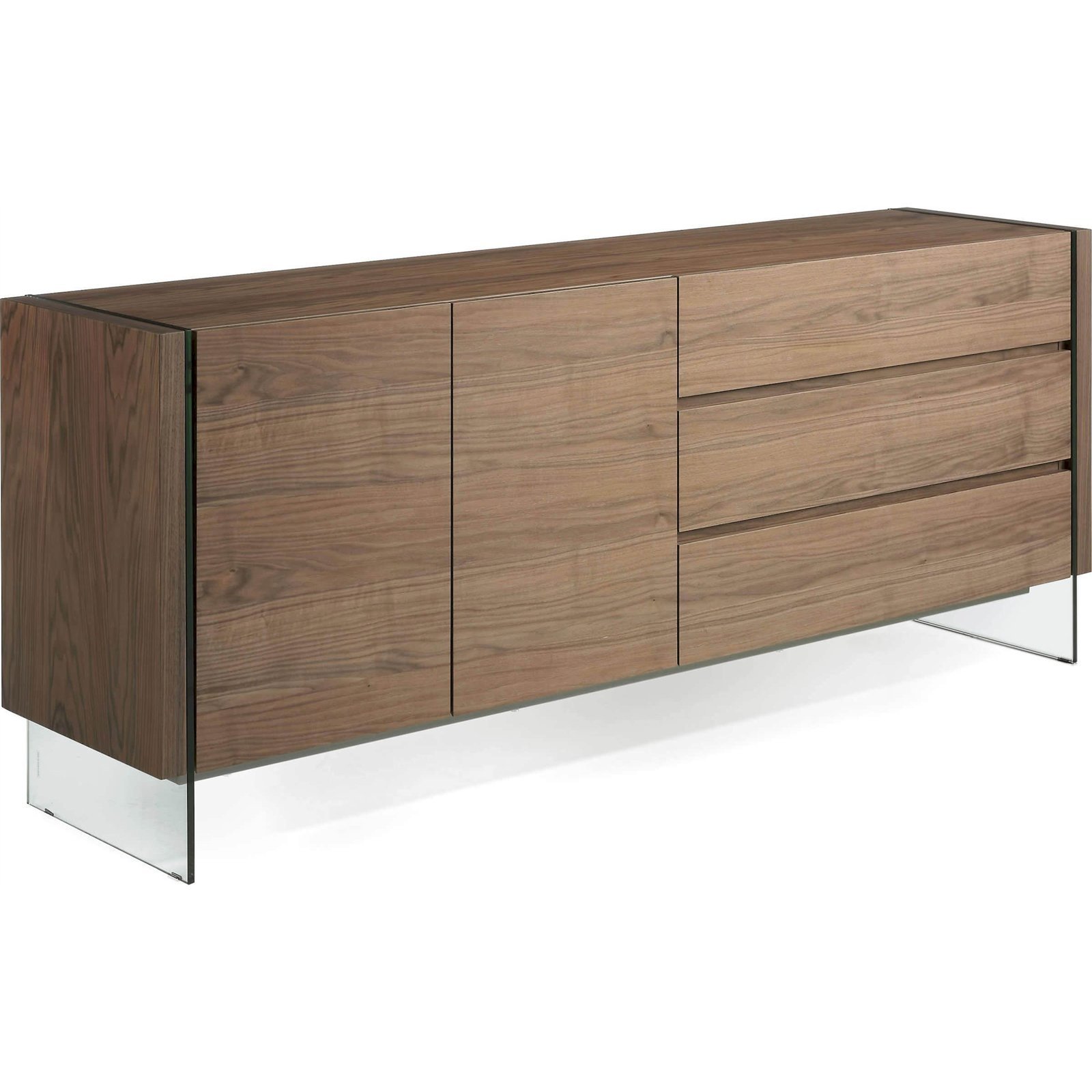 Buffet Bois Côtés En Verre Trempé 3 Tiroirs Et 2 Portes Avec 1 Étagère Système Push Et Fermeture Souple - Noyer, Transparent