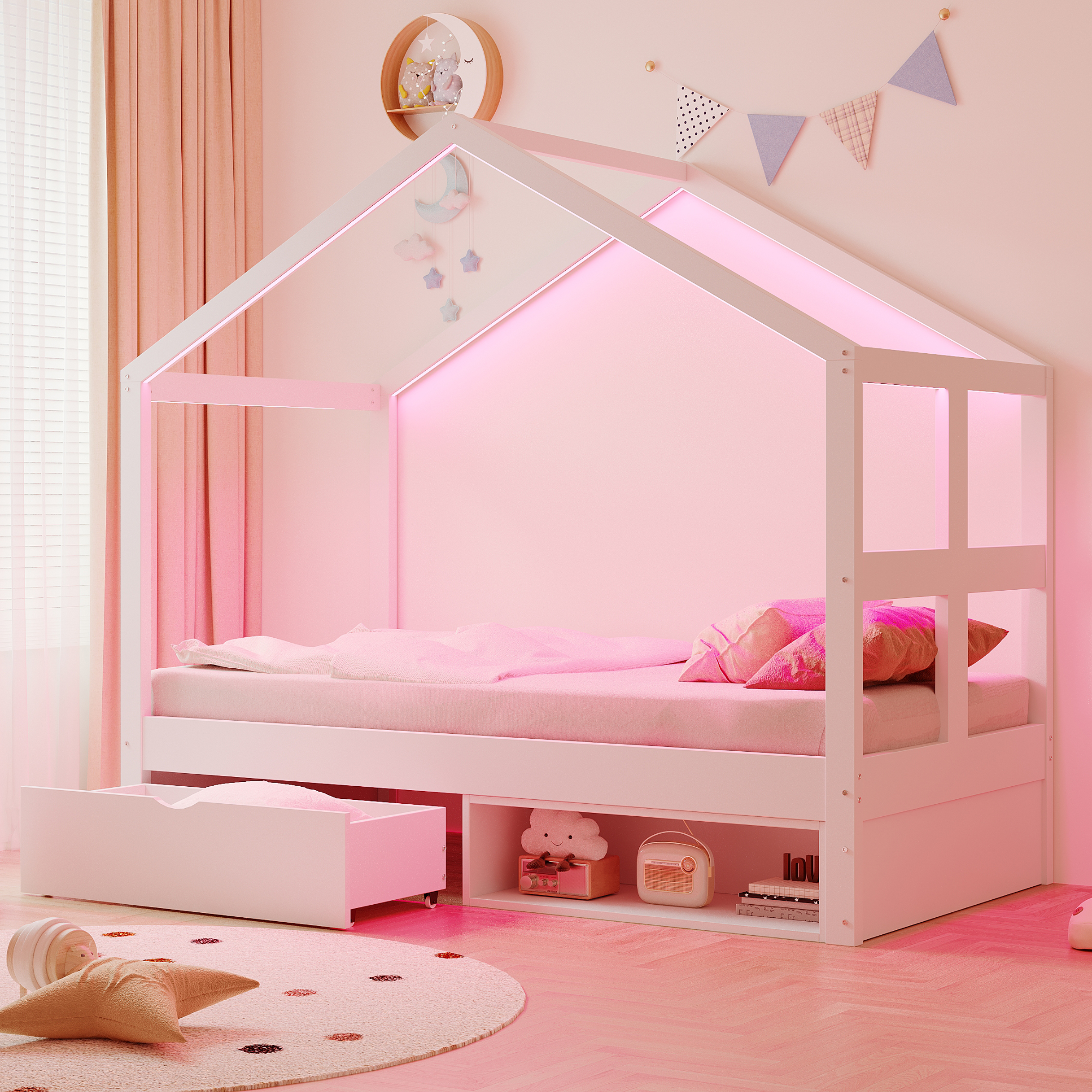 Redom Lit Simple 90x190 Cm Avec Tiroir, Range Chaussures Et Bande Lumineuse, Bois Et Bois Synthétique Blanc (sans Matelas)