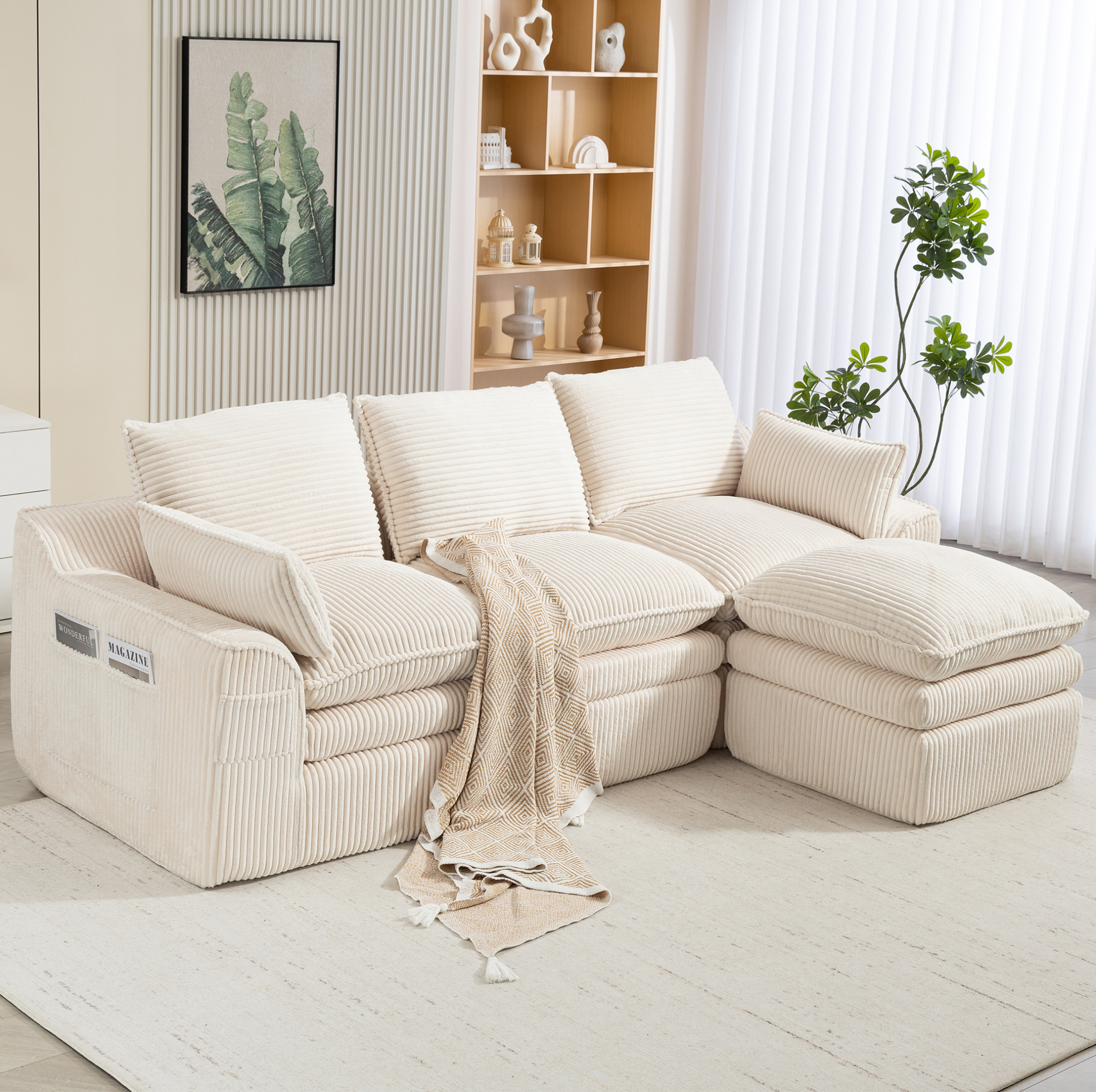 Canapé Modulaire 3 Places En Velours Côtelé Avec Pouf, Coussins Et Poches Latérales, Beige Redom