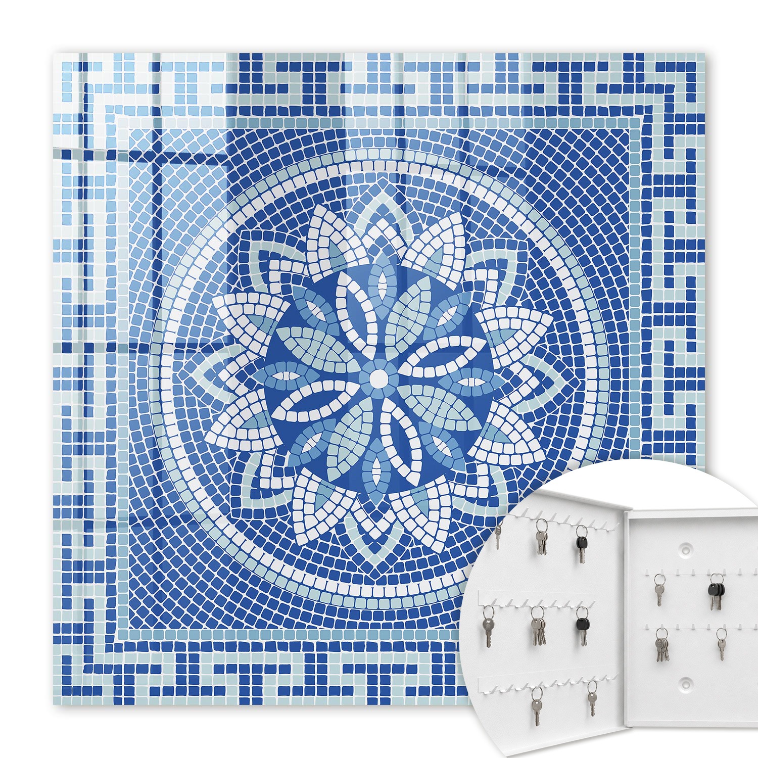 Armoire À Clés - (30 Cm X 30 Cm) - Boîte À Clés Murale - Coffret De Rangement Pour Clés - Couleur Blanche - Ouverture Vers La Gauche - Pour Maison Et Bureau - Mosaïque Bleue