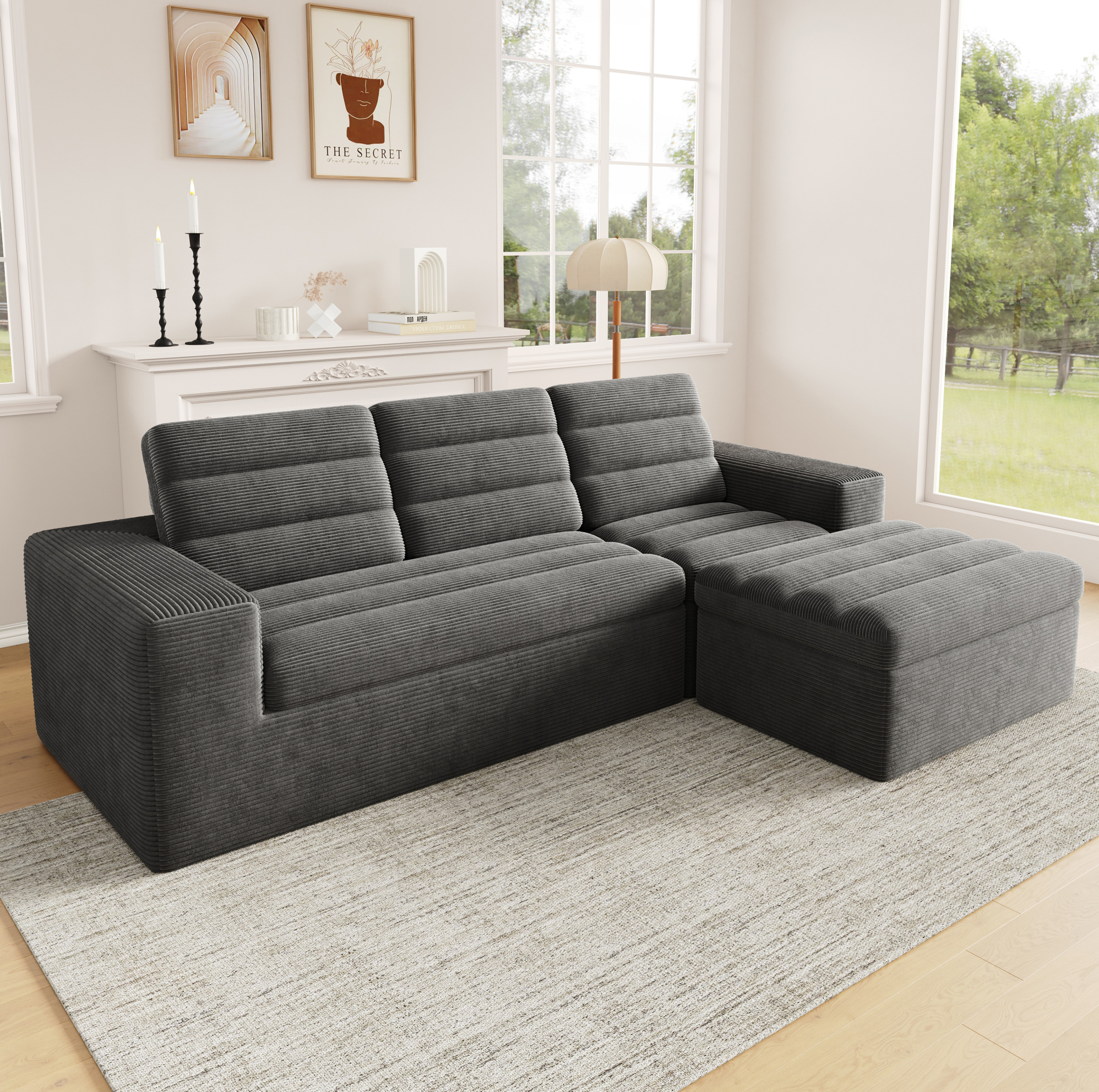 Canapé D'angle Modulable En L 253 X 161 X 89 Cm, Tissu Corduroy, Gris Foncé, Redom