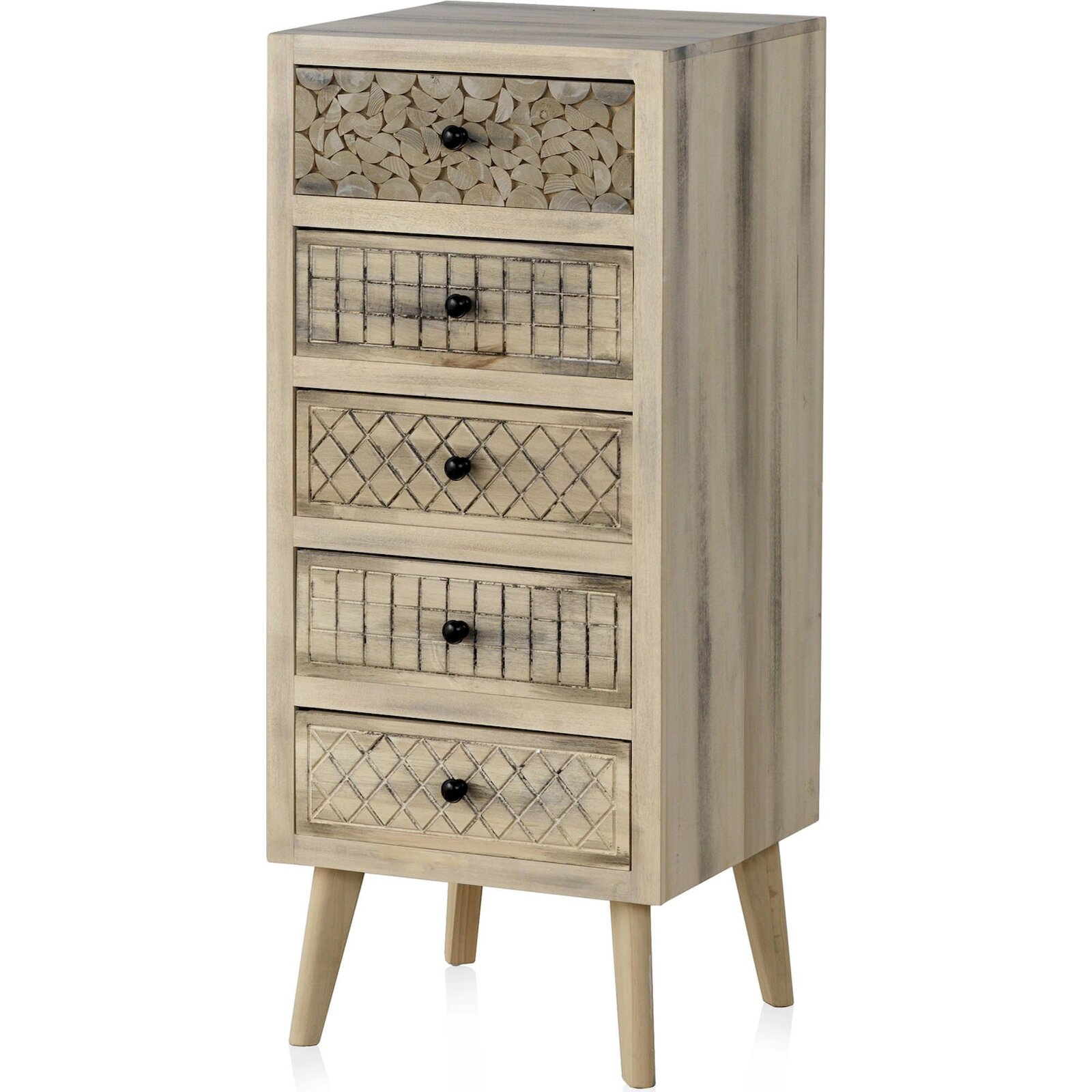 Commode Bois Naturel À Cinq Tiroirs Sculptés Style Nordique - Bois Naturel Finition Greywash