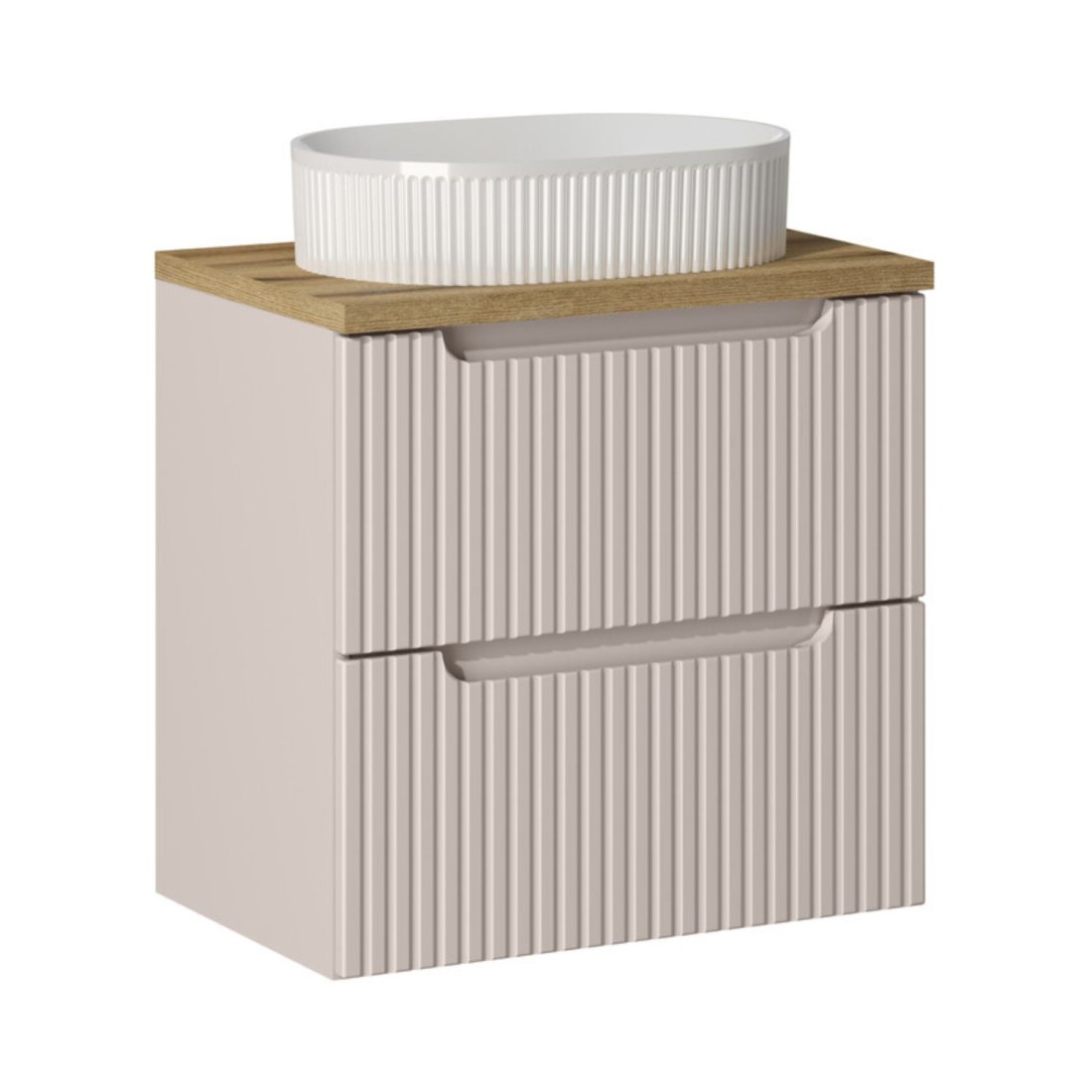 Ensemble Vano Cachemire Et Chêne 60cm: Meuble Sous Vasque À Tiroirs + Plan Pour Vasque + Vasque À Poser Rainurée Blanche