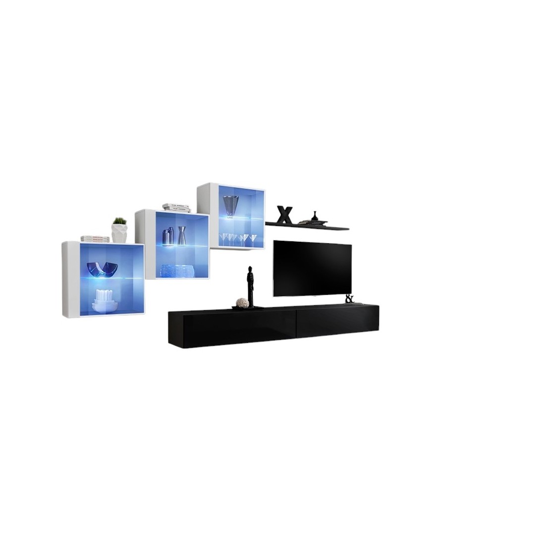 Meublorama - Ensemble Meubles De Salon Switch Xx Design, Coloris Noir Et Blanc Brillant.
