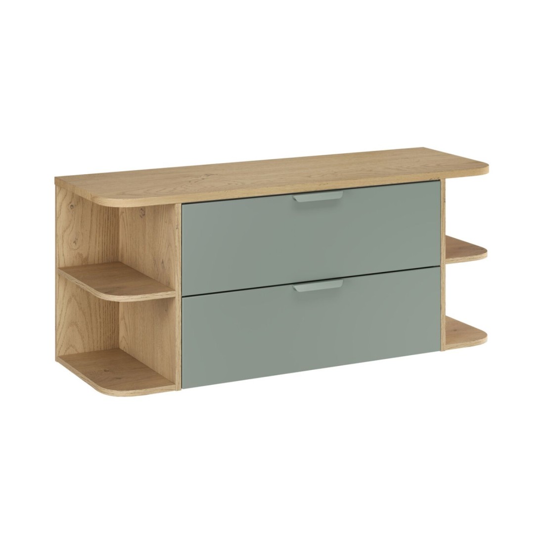 Ensemble Oster 120cm: Meubles Sous Vasque À Tiroirs Vert Sauge Et Niches Visibles Arrondies+ Plan Pour Vasque Aspect Chêne Clai