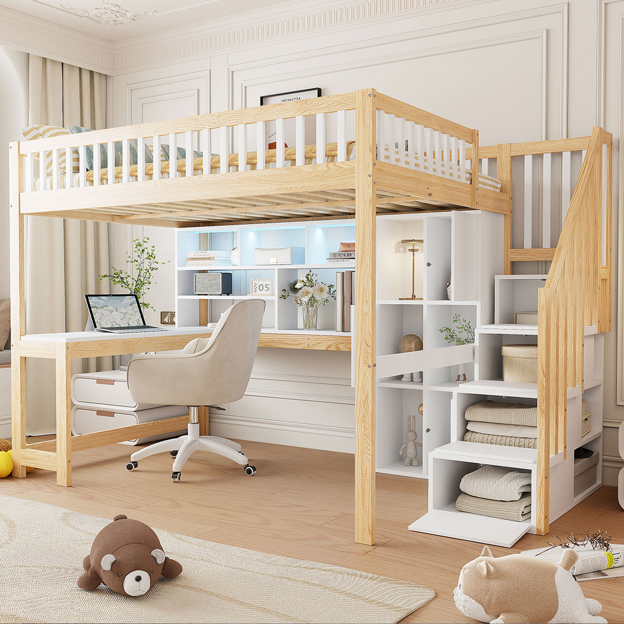 Redom Lit Mezzanine 140x200 Cm Avec Led, Échelle De Rangement, Étagères, Bureau, Pin Blanc Naturel (sans Matelas)