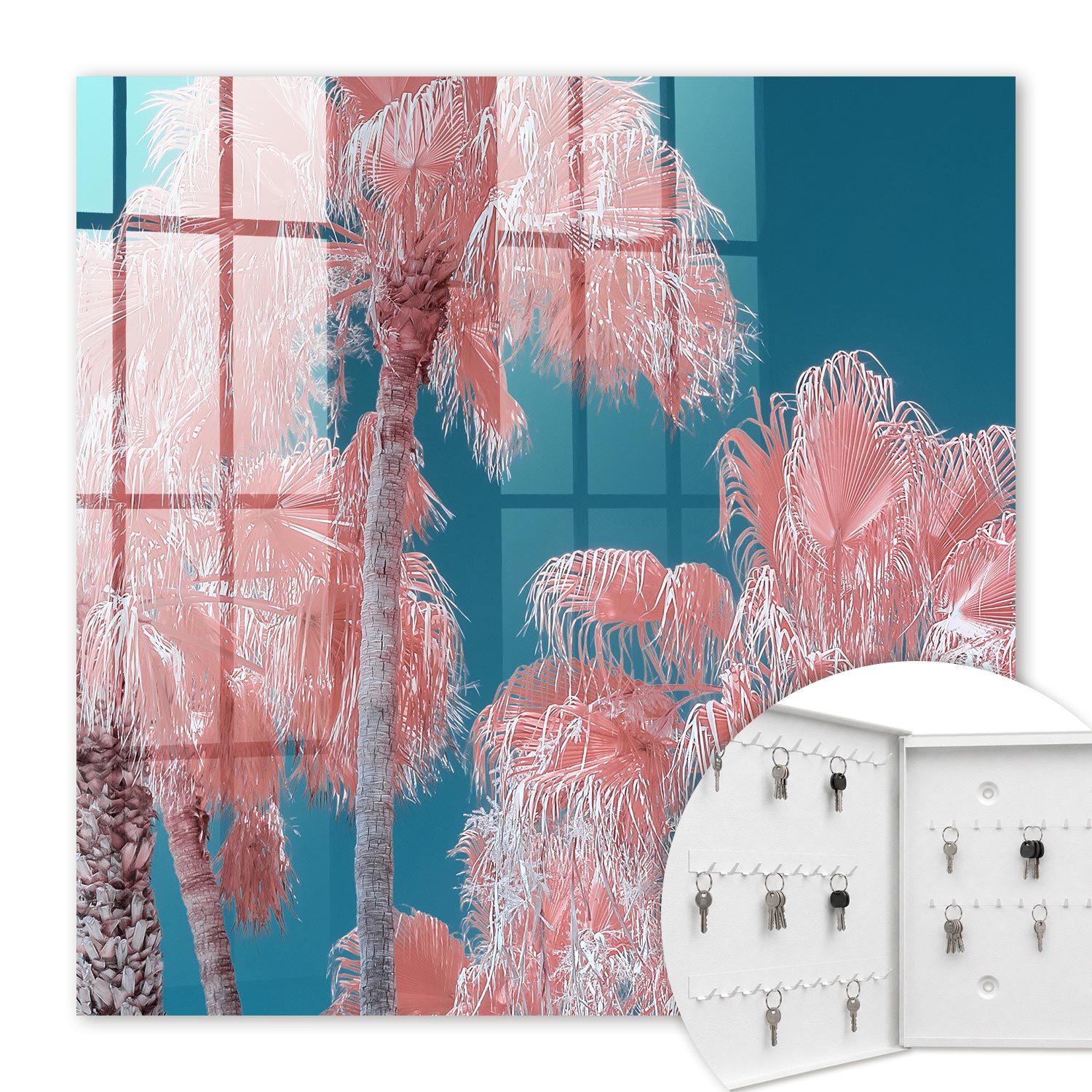 Armoire À Clés - (30 Cm X 30 Cm) - Boîte À Clés Murale - Coffret De Rangement Pour Clés - Couleur Blanche - Ouverture Vers La Gauche - Pour Maison Et Bureau - Composition Tropicale