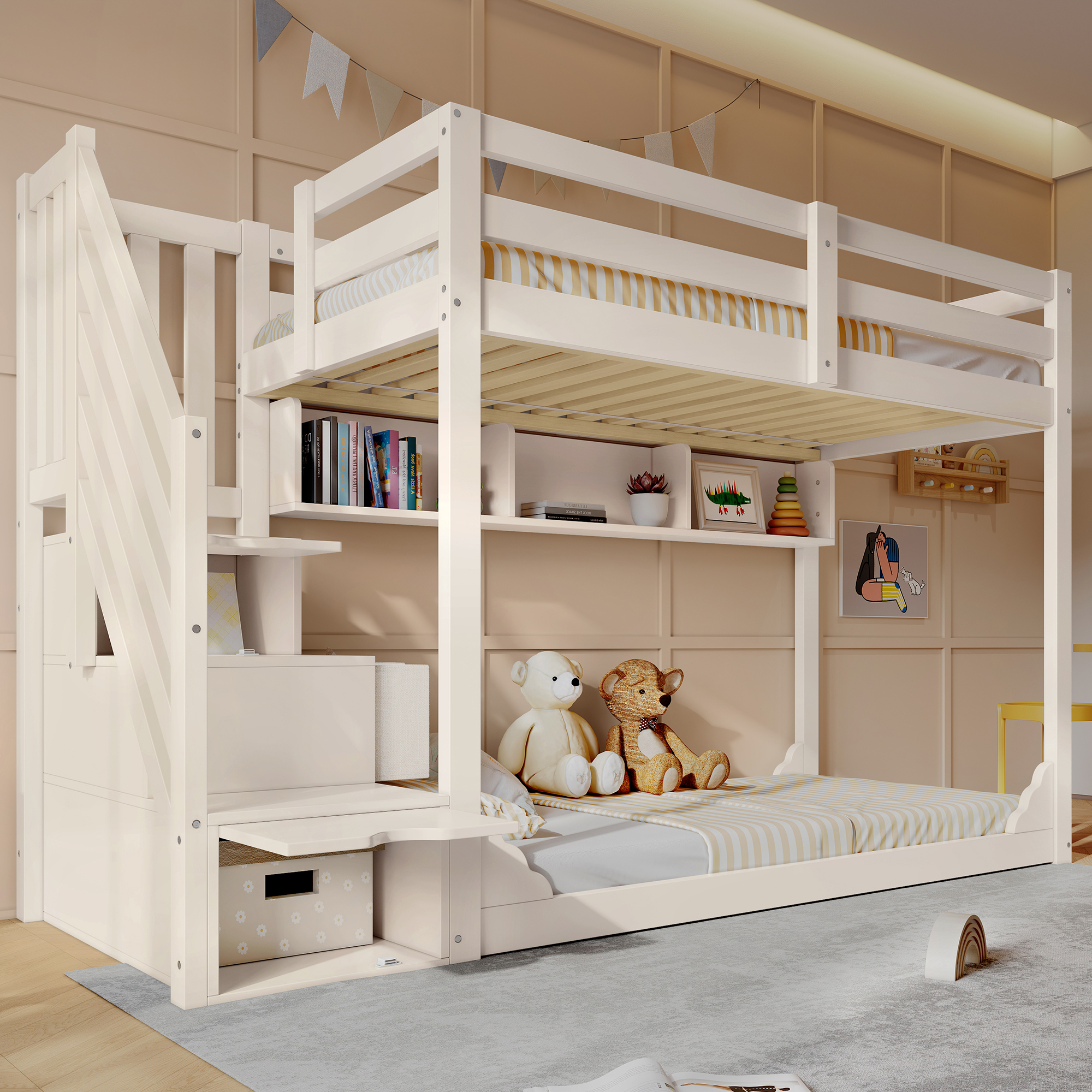 Redom Lit Superposé 90x200 Cm Avec Escalier Armoire De Rangement, Bois Blanc (sans Matelas)