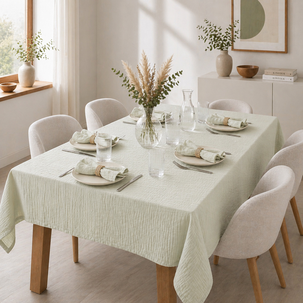 Nappe Rectangle 150 X 250 Cm + 6 Serviettes De Table - Double Gaze De Coton Gaïa Vert D'Eau
