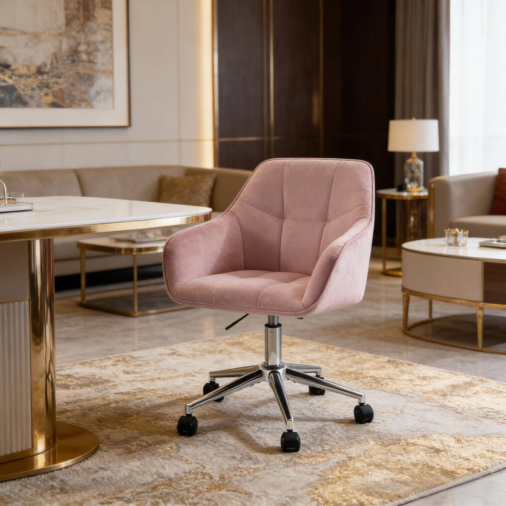 Chaise De Bureau Pivotante En Velours Rose, Hauteur Réglable, Base Métal, Redom