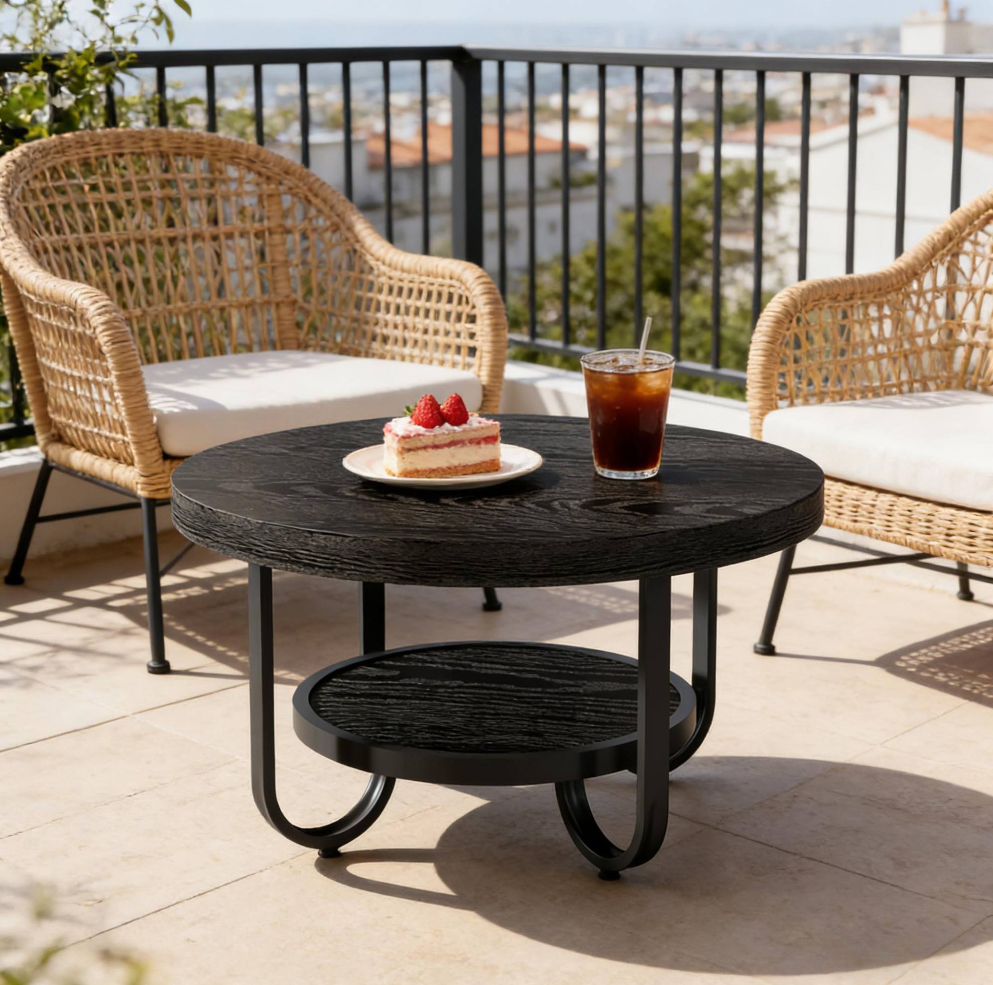 Table Basse Ronde À 2 Niveaux 79,8 Cm En Mdf Et Métal, Noire, Avec Plateau Inférieur Redom