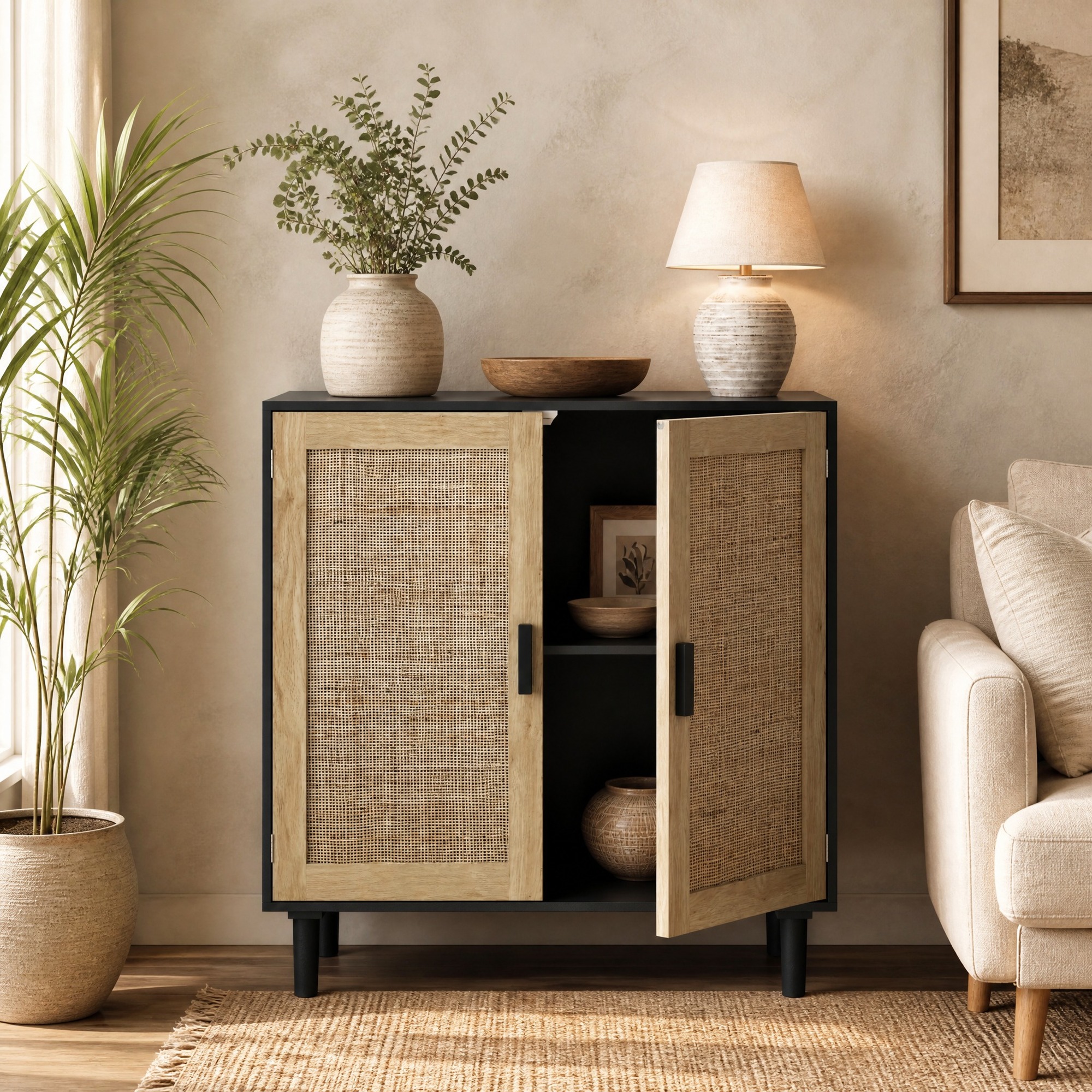 Meuble De Rangement 2 Portes En Rotin 80 X 40 X 88 Cm, Noir, Redom