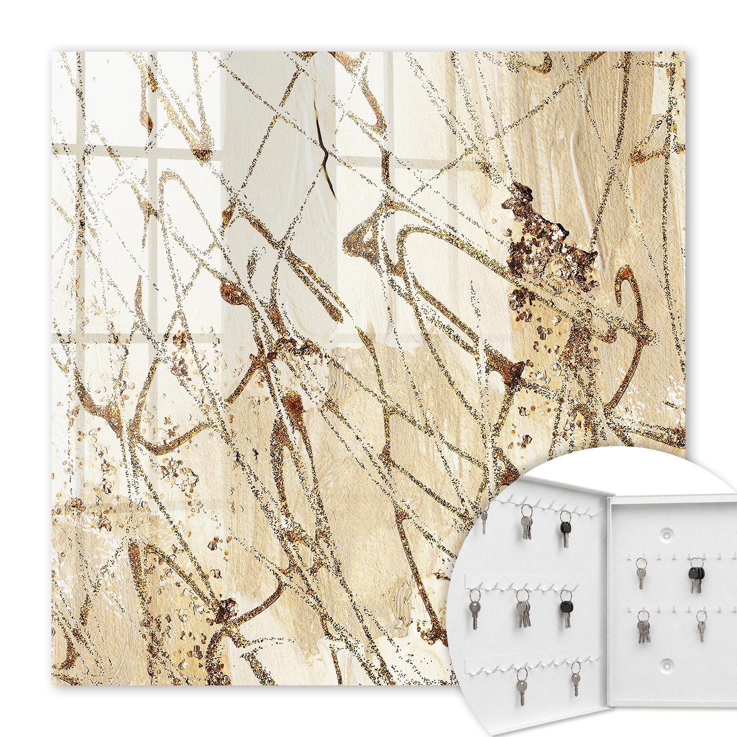Armoire À Clés - (30 Cm X 30 Cm) - Boîte À Clés Murale - Coffret De Rangement Pour Clés - Couleur Blanche - Ouverture Vers La Gauche - Pour Maison Et Bureau - Composition Abstraite
