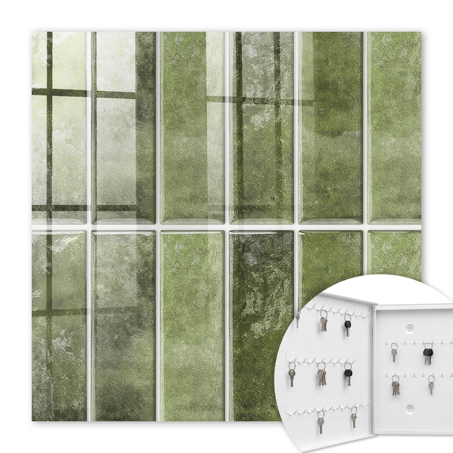 Armoire À Clés - (30 Cm X 30 Cm) - Boîte À Clés Murale - Coffret De Rangement Pour Clés - Couleur Blanche - Ouverture Vers La Gauche - Pour Maison Et Bureau - Carreaux Verts