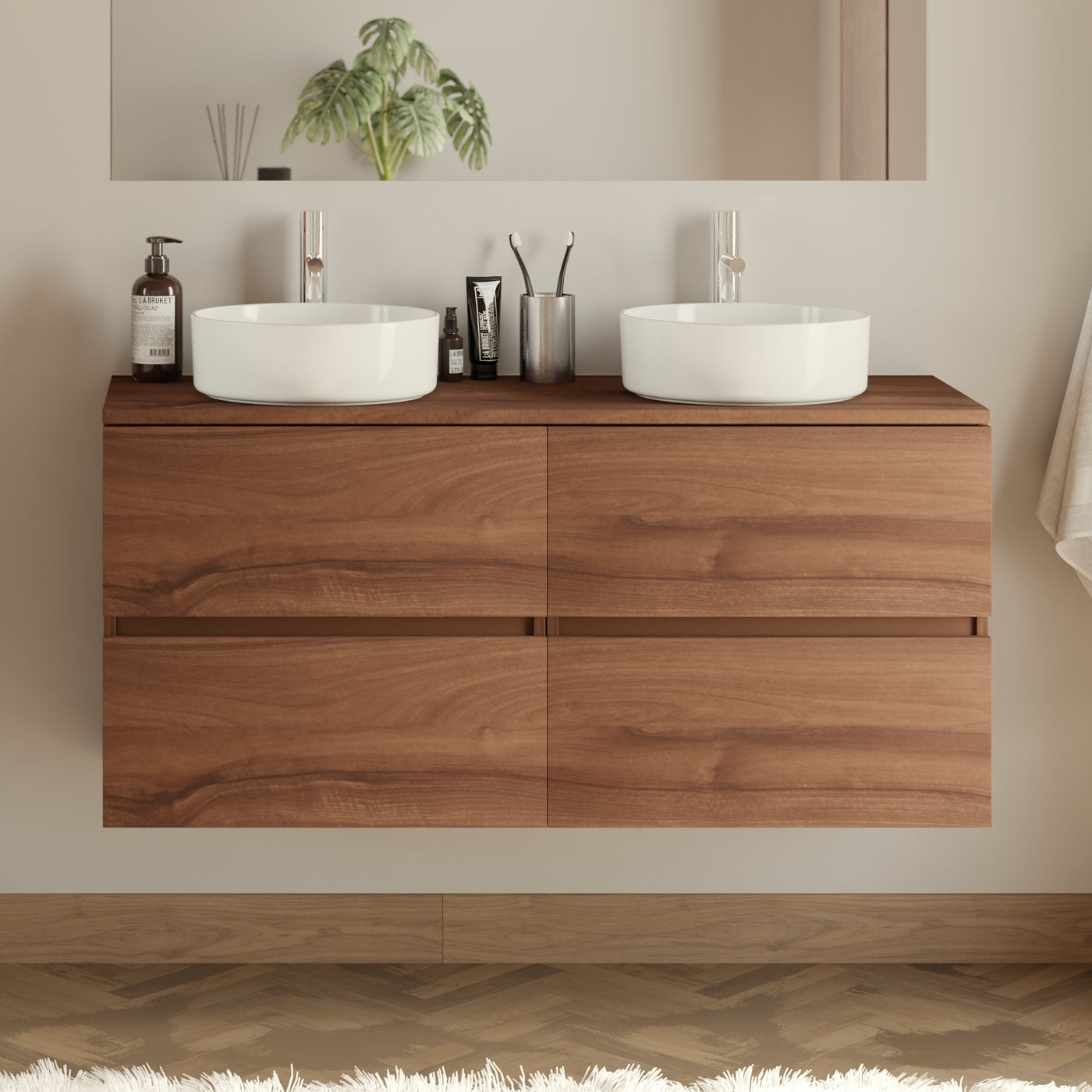 Meuble De Salle De Bain 140cm Avec Plateau Et 2 Vasques À Poser Rondes - 4 Tiroirs - Sans Miroir - Noyer (bois Foncé) - Ida