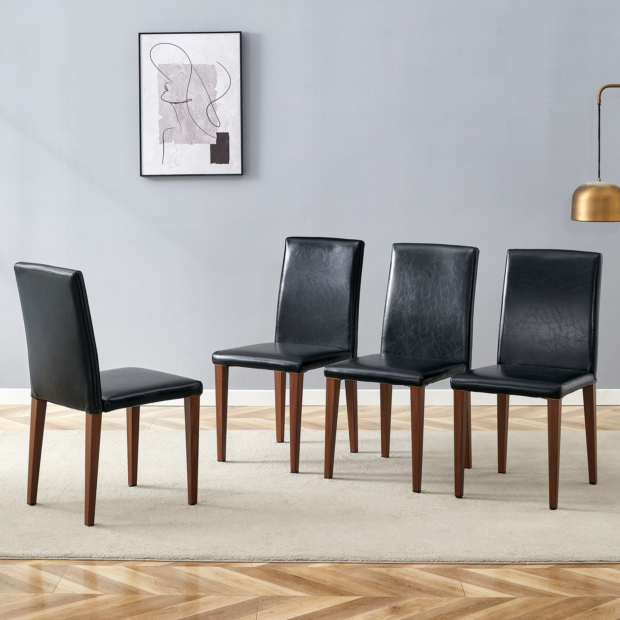 Redom Lot De 4 Chaises De Salle À Manger En Pu Noir, Dossier Ergonomique, Pieds Métalliques Aspect Noyer