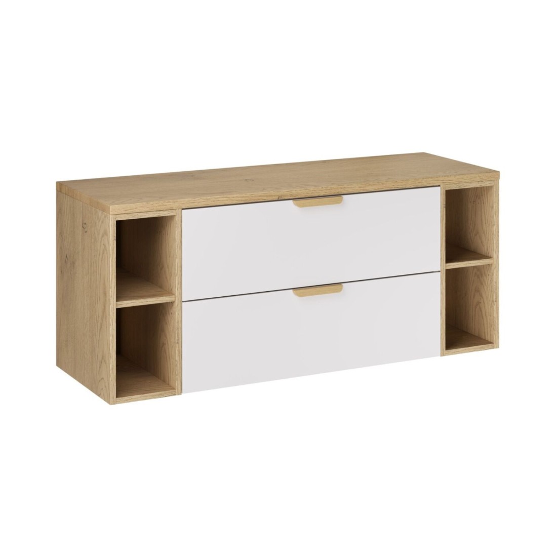 Ensemble De Salle De Bain Suspendu Oster 120cm: Meubles Sous Vasque À Tiroirs Blanc Et Niches Visibles + Plan Pour Vasque