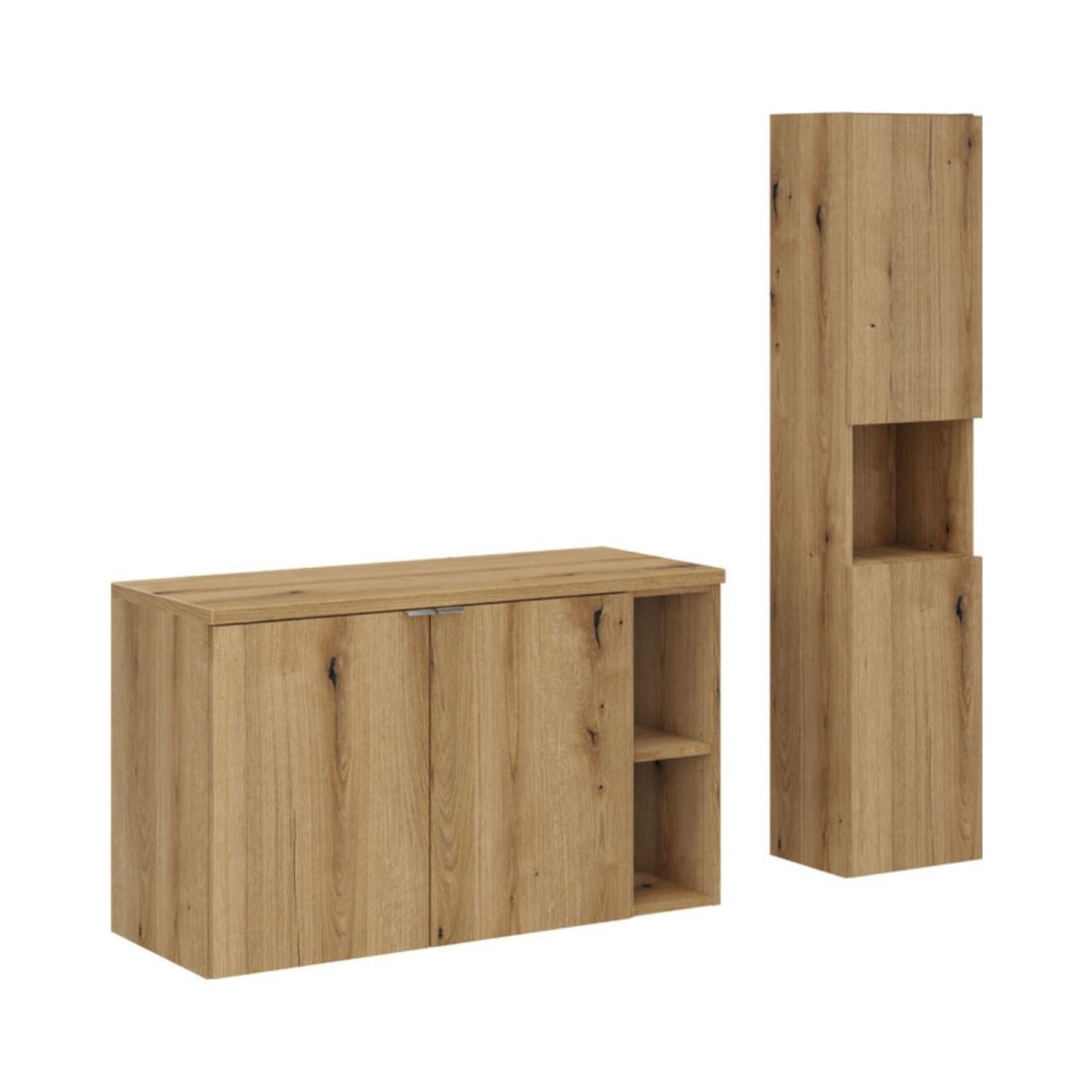 Ensemble Vano Aspect Chêne 130cm: Meubles Sous Vasque À Placards Avec Niches Visibles + Plan Pour Vasque + Colonne