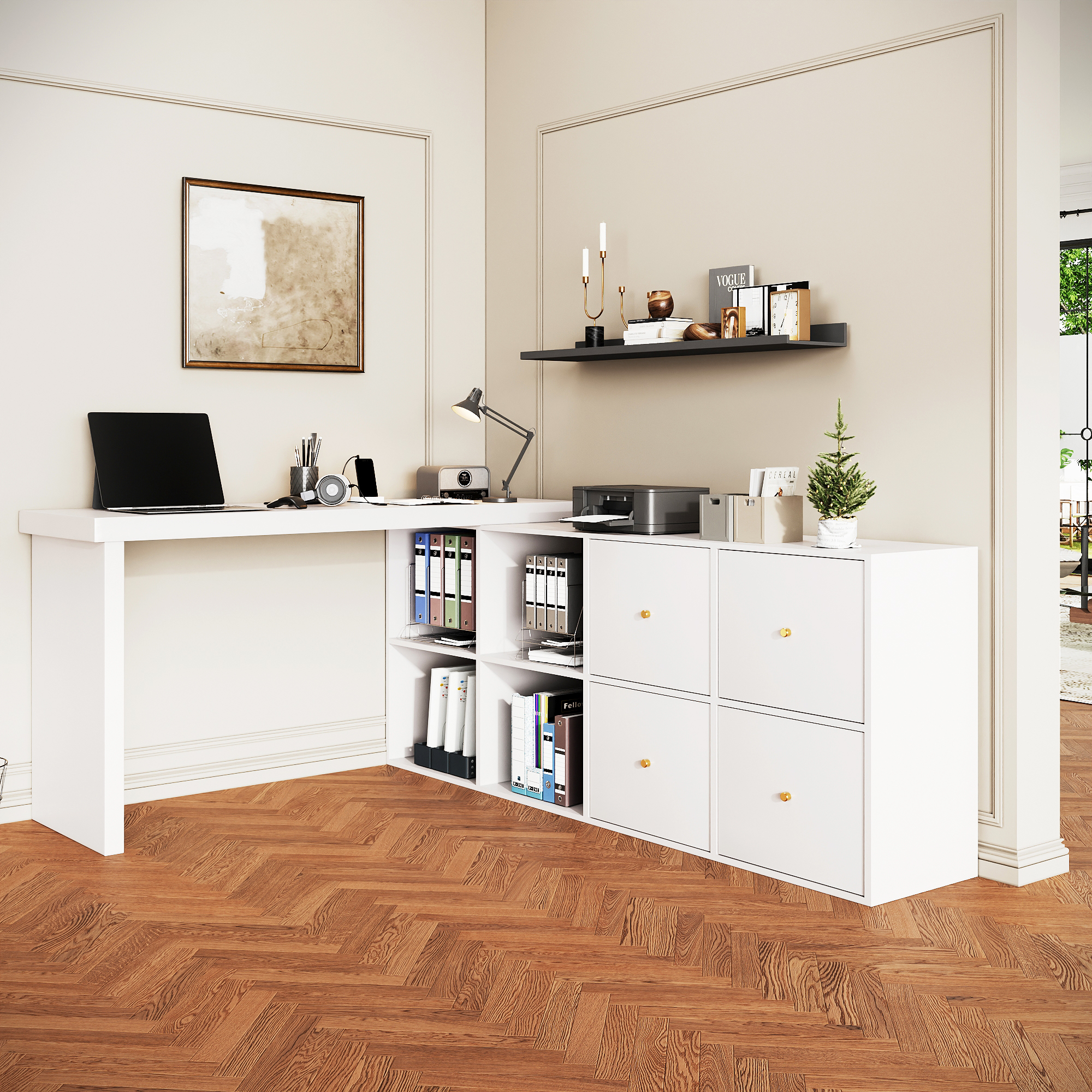 Bureau D'angle Pivotant 360° En Mdf Blanc, 4 Cm Renforcé, 4 Compartiments Et 4 Tiroirs