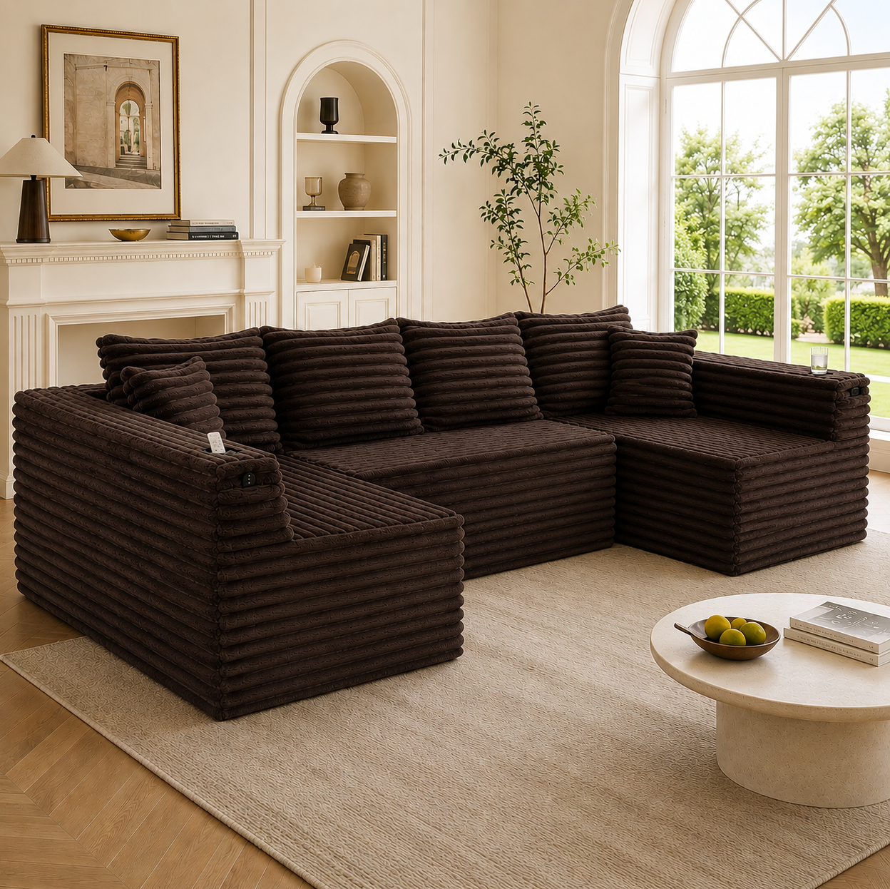 Canapé Modulable En U En Velours Côtelé Marron, Avec Porte-gobelets, Poches Et Coussins