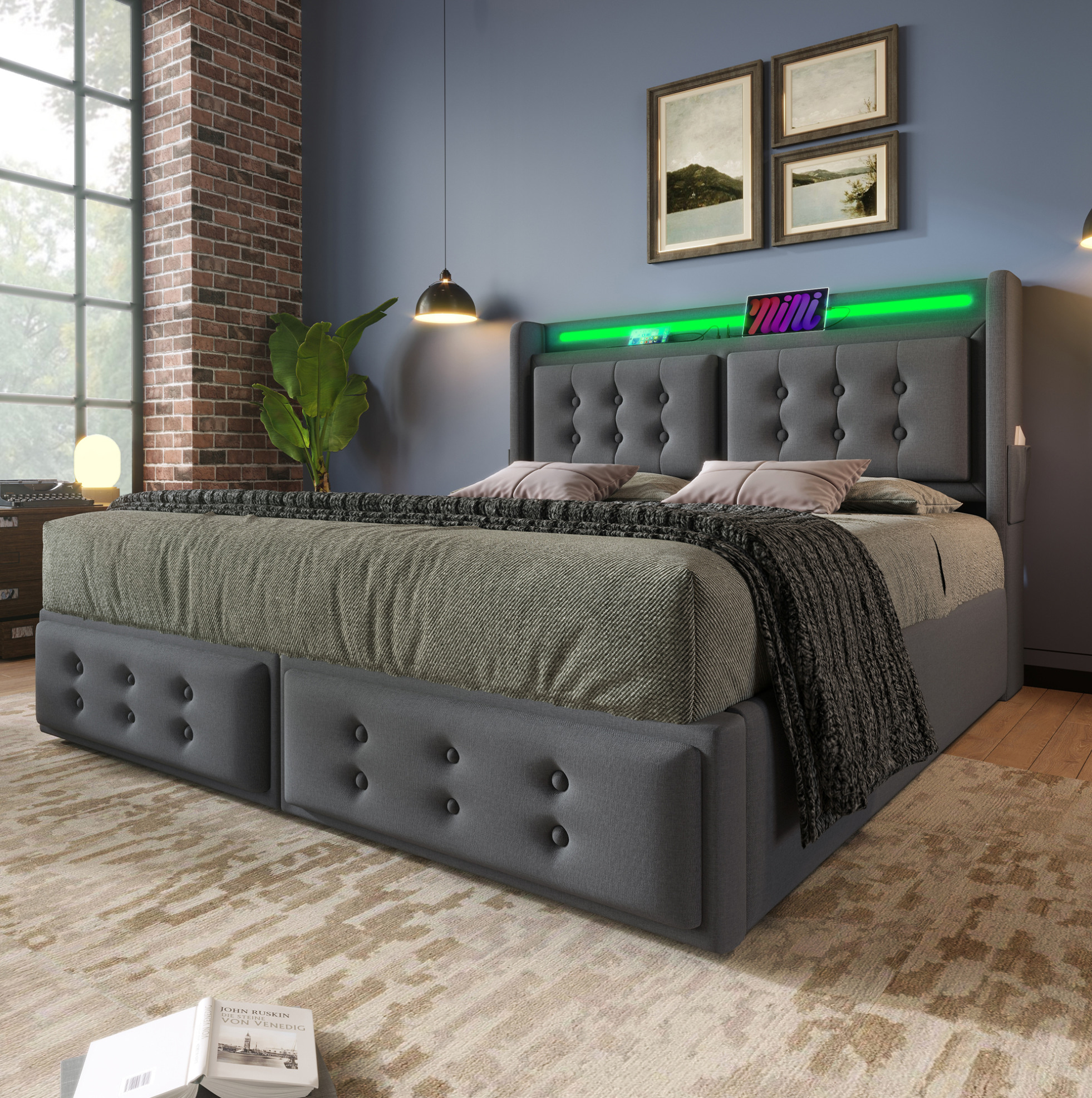 Lit Capitonné 180x200 Cm Avec Tête Led Et Usb-c, Cadre Hydraulique, Gris