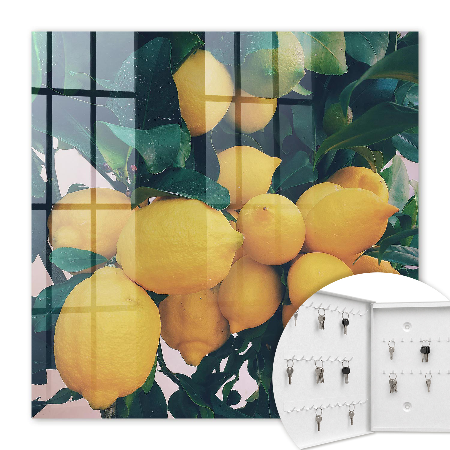 Armoire À Clés - (30 Cm X 30 Cm) - Boîte À Clés Murale - Coffret De Rangement Pour Clés - Couleur Blanche - Ouverture Vers La Gauche - Pour Maison Et Bureau - Feuilles Vertes