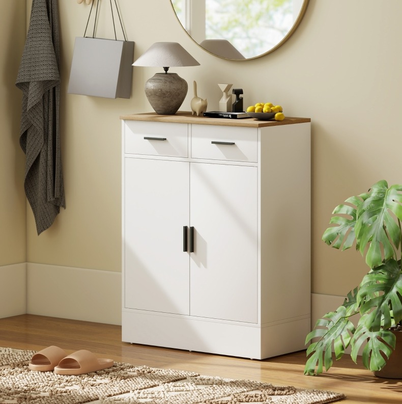 Redom - Buffet De Rangement 68.6x35x90.3 Cm, 2 Tiroirs, Étagère Réglable, Bois, Blanc